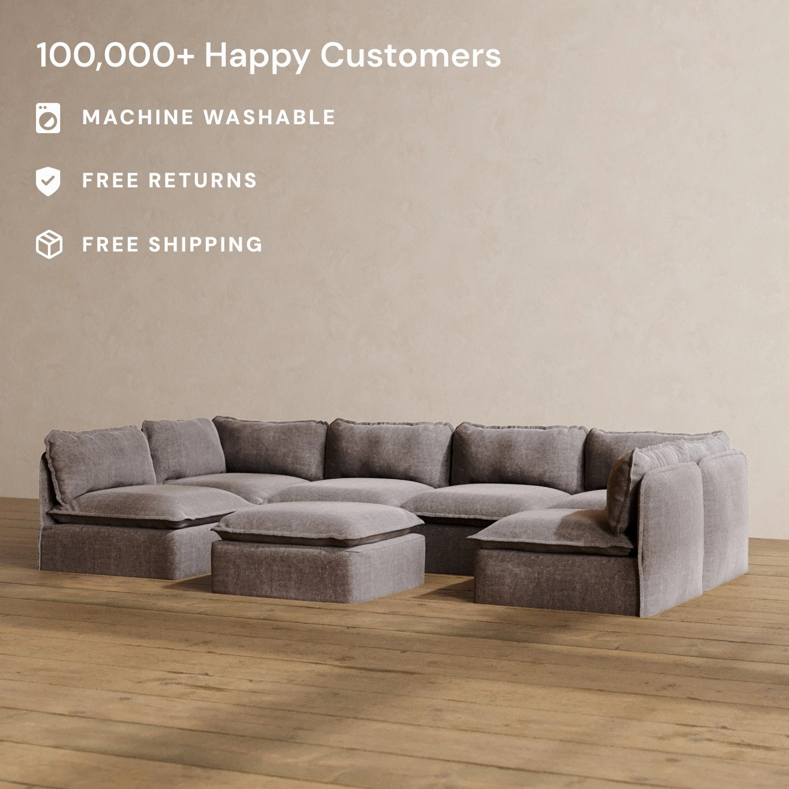 Modular Washable 6-Seater Open-Ends U-Sectional   Ottoman in Caviar | Memorix  Seat | Contour Pillow