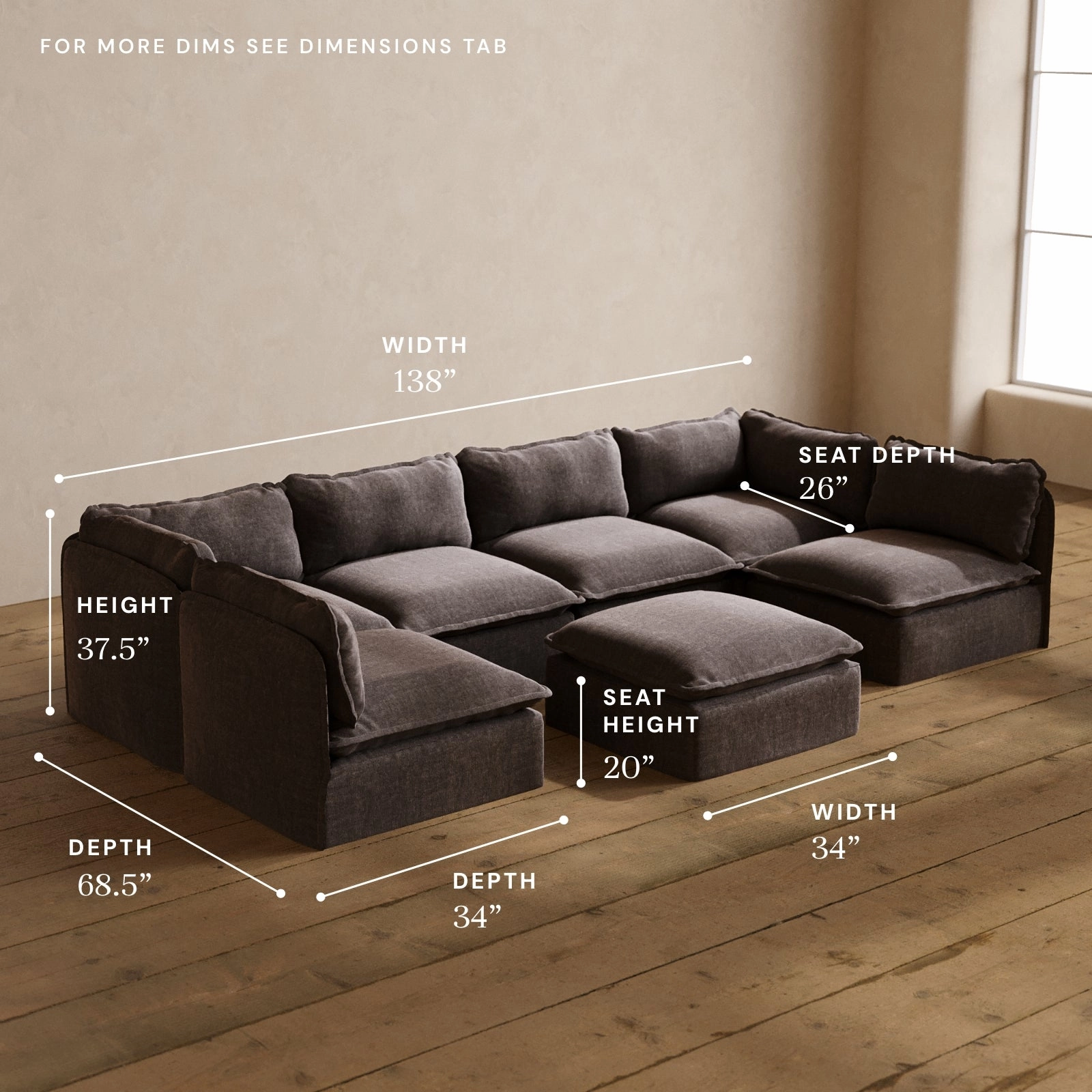 Modular Washable 6-Seater Open-Ends U-Sectional   Ottoman in Caviar | Memorix  Seat | Contour Pillow