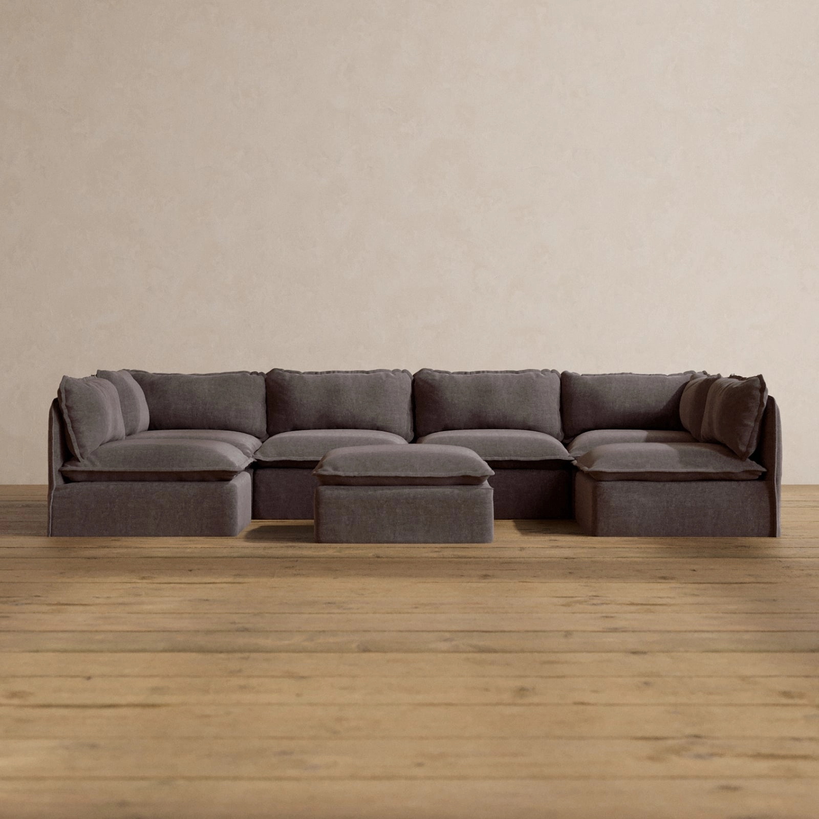 Modular Washable 6-Seater Open-Ends U-Sectional   Ottoman in Caviar | Memorix  Seat | Contour Pillow