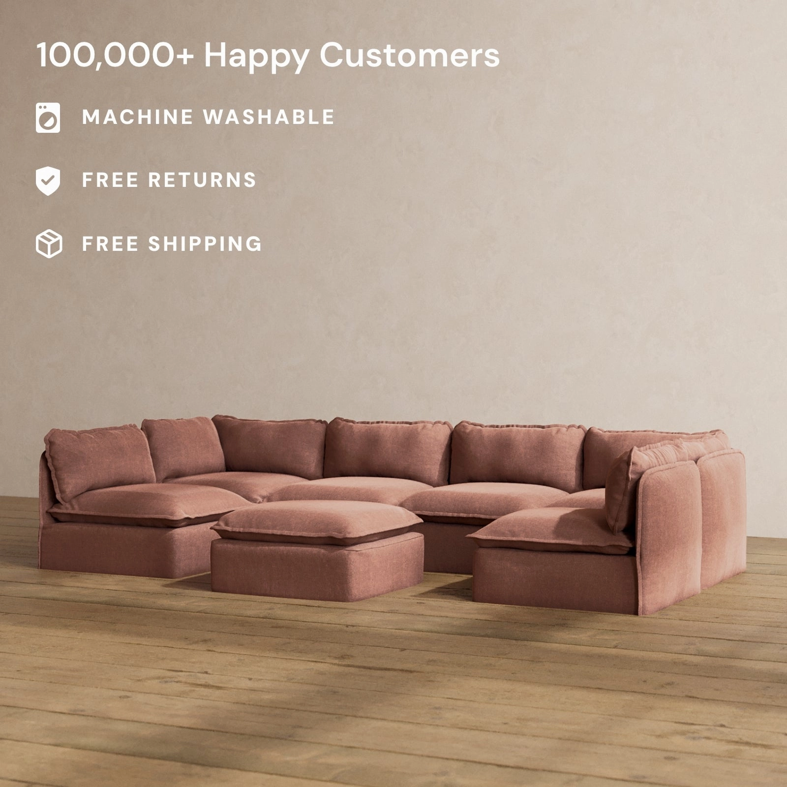 Modular Washable 6-Seater Open-Ends U-Sectional   Ottoman in Chestnut | Deluxe  Seat | Cloud Pillow