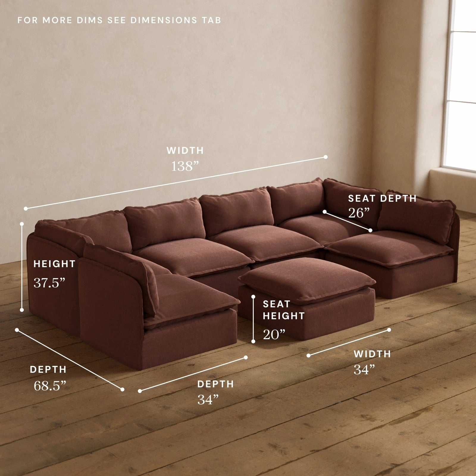 Modular Washable 6-Seater Open-Ends U-Sectional   Ottoman in Chestnut | Deluxe  Seat | Cloud Pillow