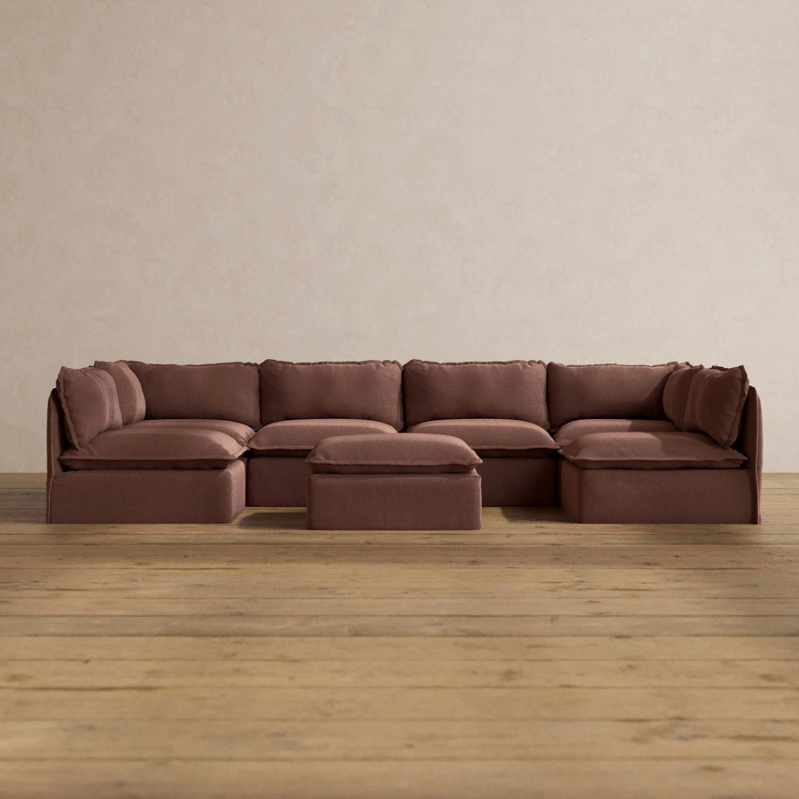 Modular Washable 6-Seater Open-Ends U-Sectional   Ottoman in Chestnut | Deluxe  Seat | Cloud Pillow