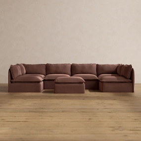 Modular Washable 6-Seater Open-Ends U-Sectional   Ottoman in Chestnut | Deluxe  Seat | Cloud Pillow
