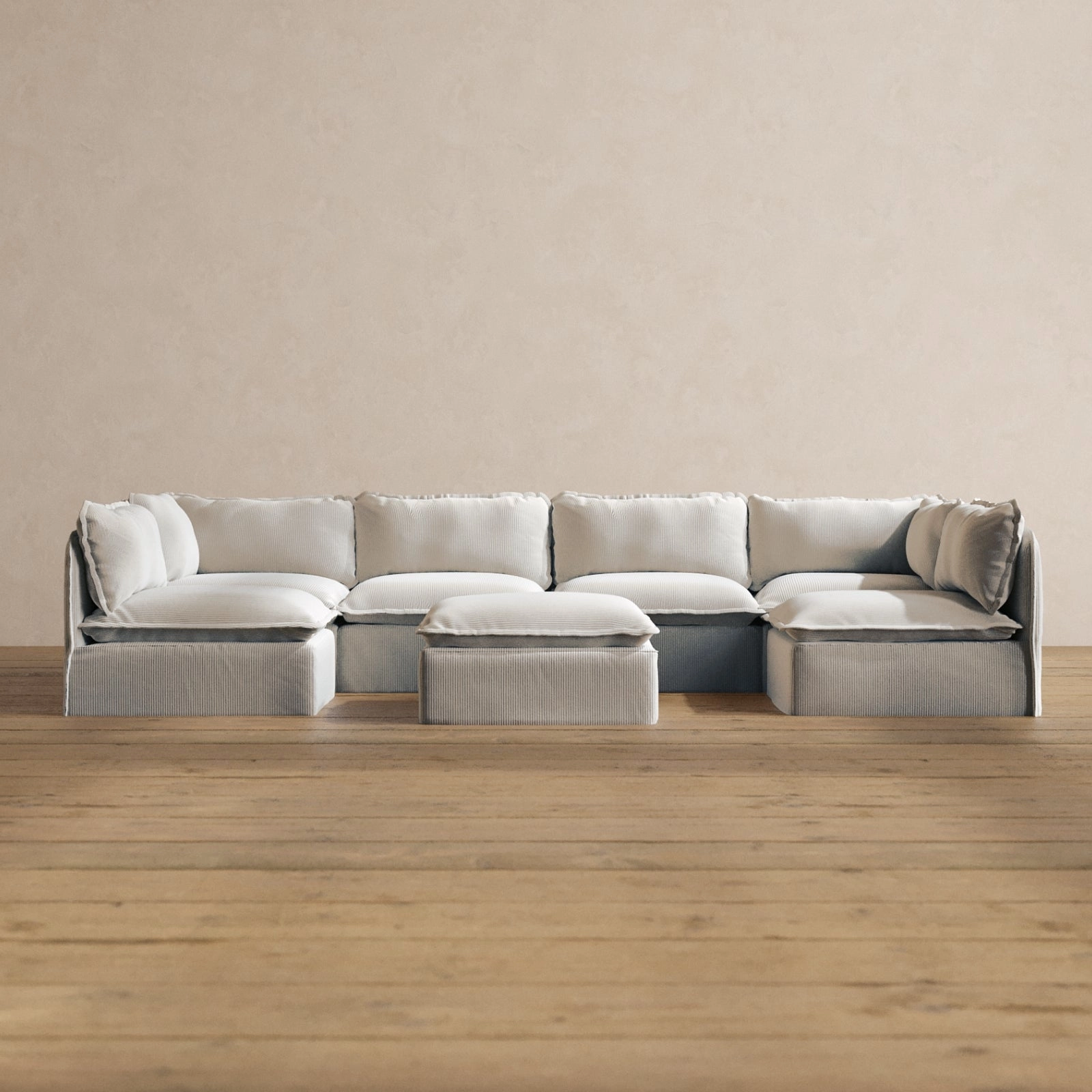 Modular Washable 6-Seater Open-Ends U-Sectional   Ottoman in Milk | Deluxe  Seat | Cloud Pillow