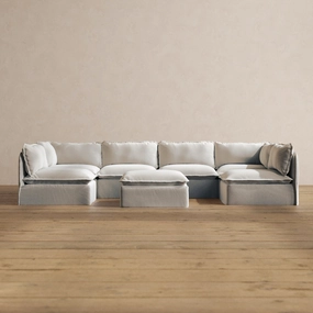 Modular Washable 6-Seater Open-Ends U-Sectional   Ottoman in Milk | Deluxe  Seat | Cloud Pillow