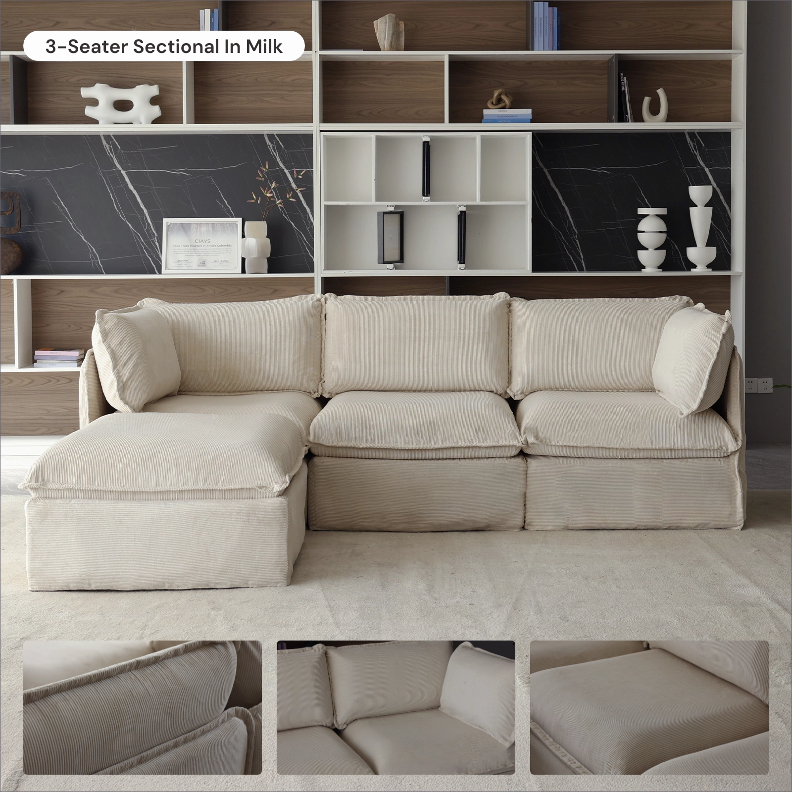 Modular Washable 6-Seater Open-Ends U-Sectional   Ottoman in Milk | Deluxe  Seat | Cloud Pillow