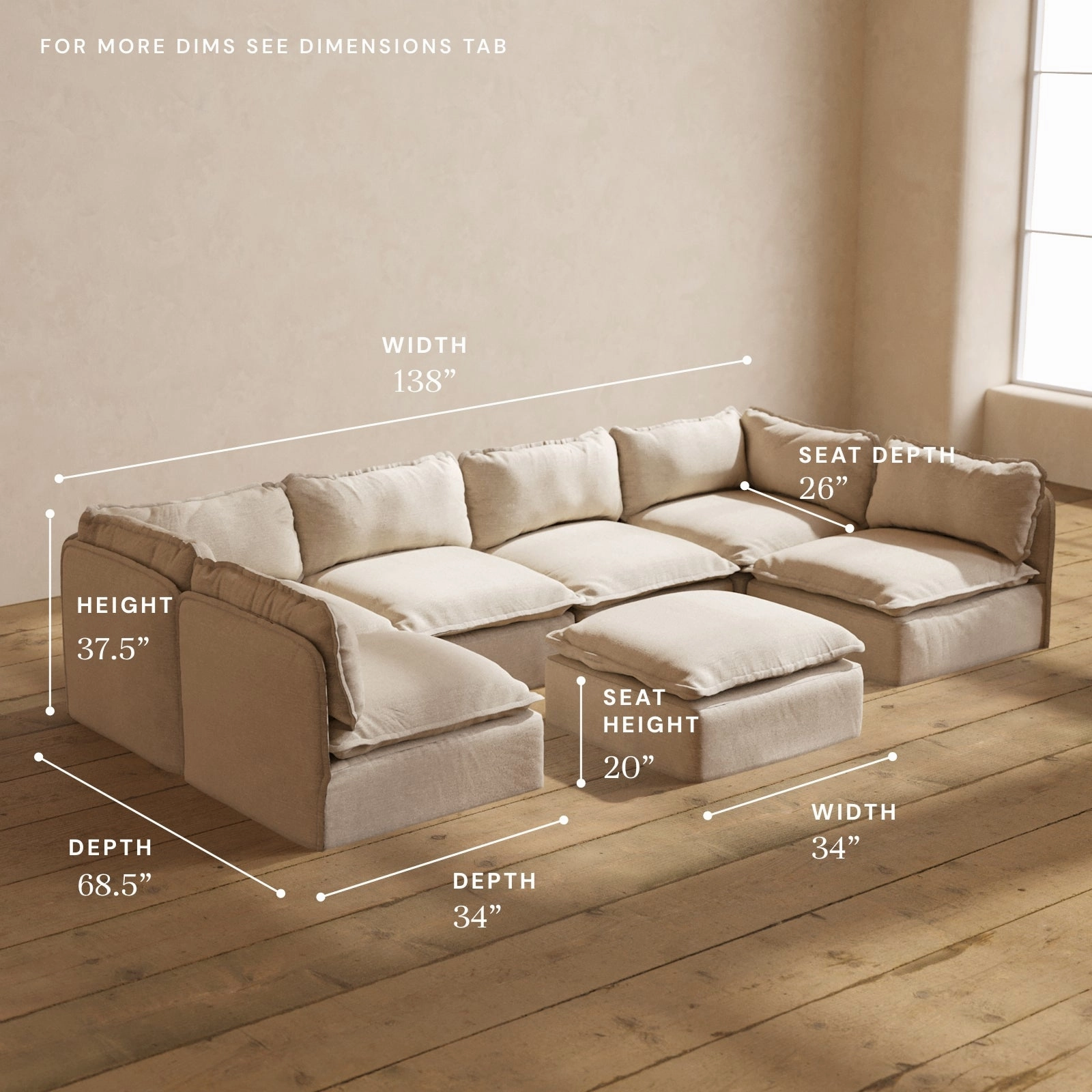 Modular Washable 6-Seater Open-Ends U-Sectional   Ottoman in Oat | Memorix  Seat | Contour Pillow