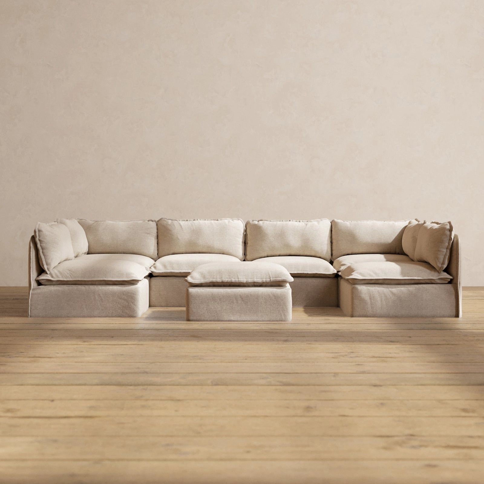 Modular Washable 6-Seater Open-Ends U-Sectional   Ottoman in Oat | Memorix  Seat | Contour Pillow