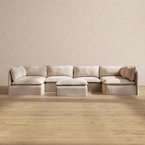 Modular Washable 6-Seater Open-Ends U-Sectional   Ottoman in Oat | Memorix  Seat | Contour Pillow