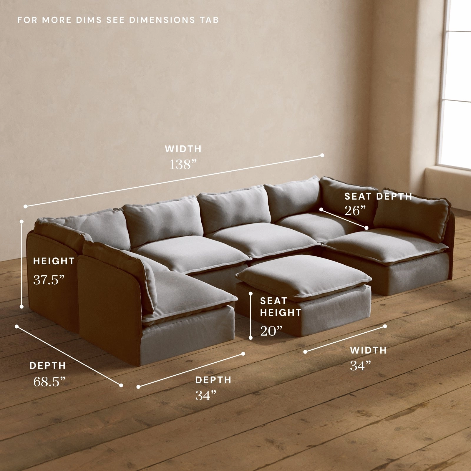 Modular Washable 6-Seater Open-Ends U-Sectional   Ottoman in Pumice | Deluxe  Seat | Cloud Pillow