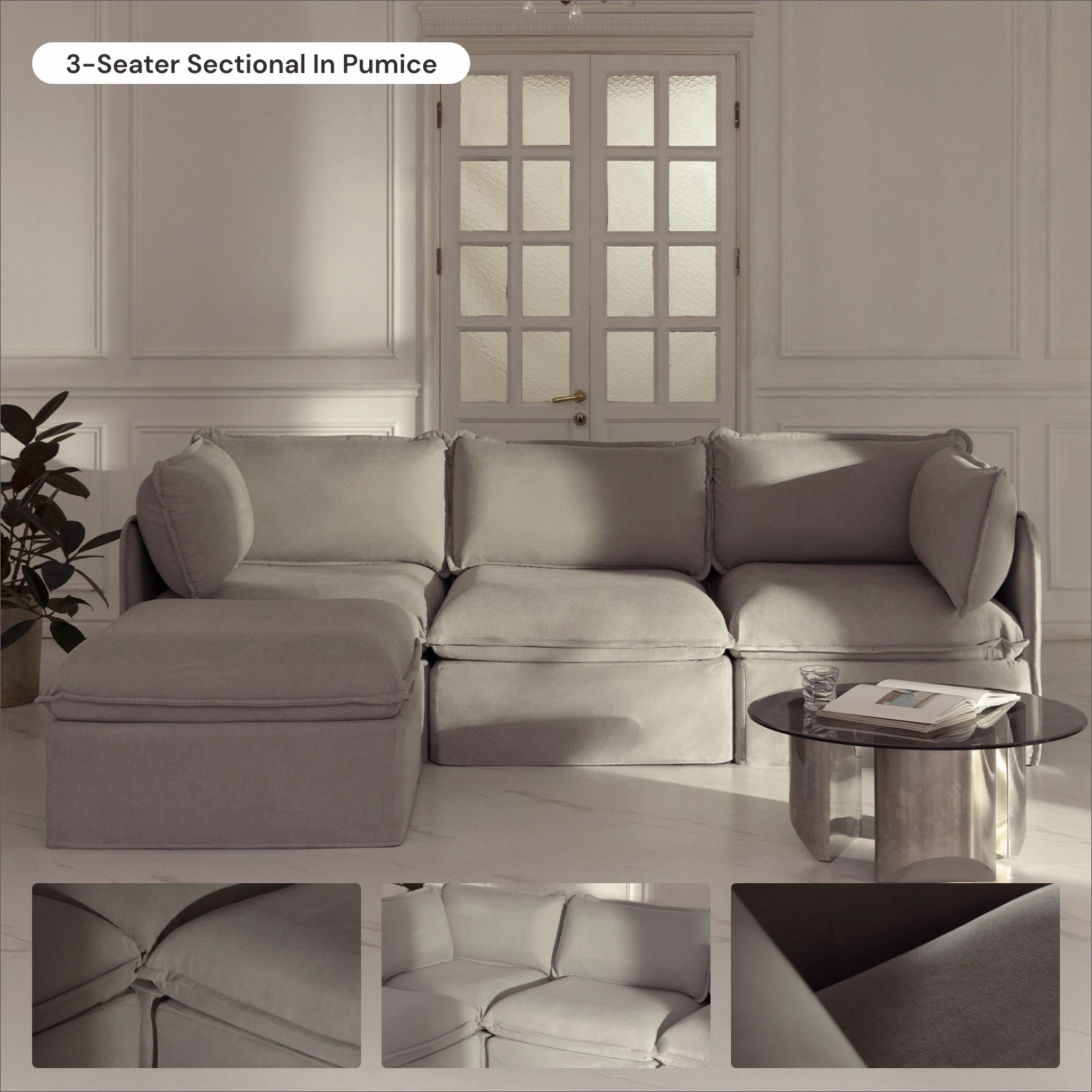 Modular Washable 6-Seater Open-Ends U-Sectional   Ottoman in Pumice | Deluxe  Seat | Cloud Pillow