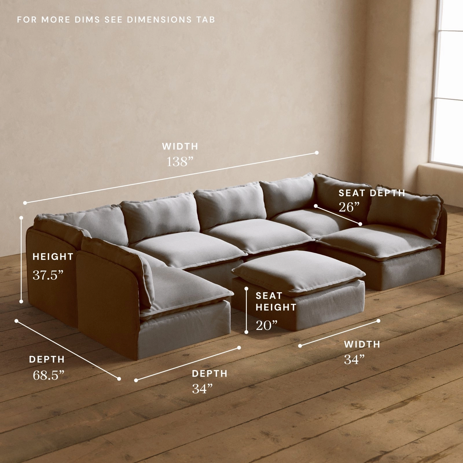 Modular Washable 6-Seater Open-Ends U-Sectional   Ottoman in Pumice | Memorix  Seat | Contour Pillow