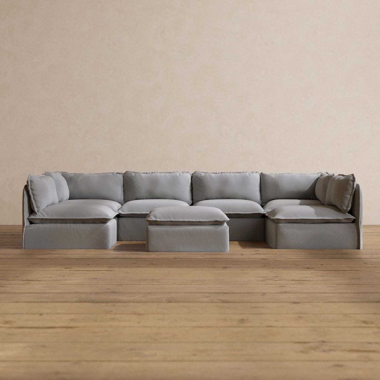 Modular Washable 6-Seater Open-Ends U-Sectional   Ottoman in Pumice | Memorix  Seat | Contour Pillow
