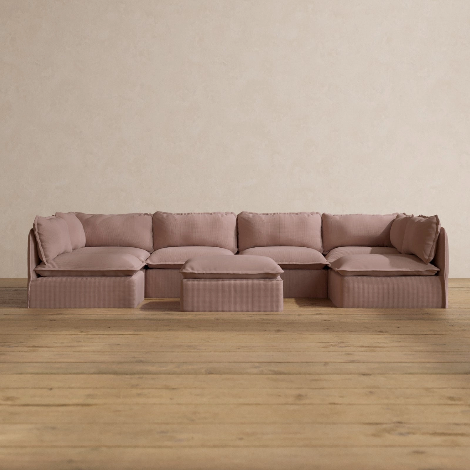 Modular Washable 6-Seater Open-Ends U-Sectional   Ottoman in Sakura | Memorix  Seat | Contour Pillow