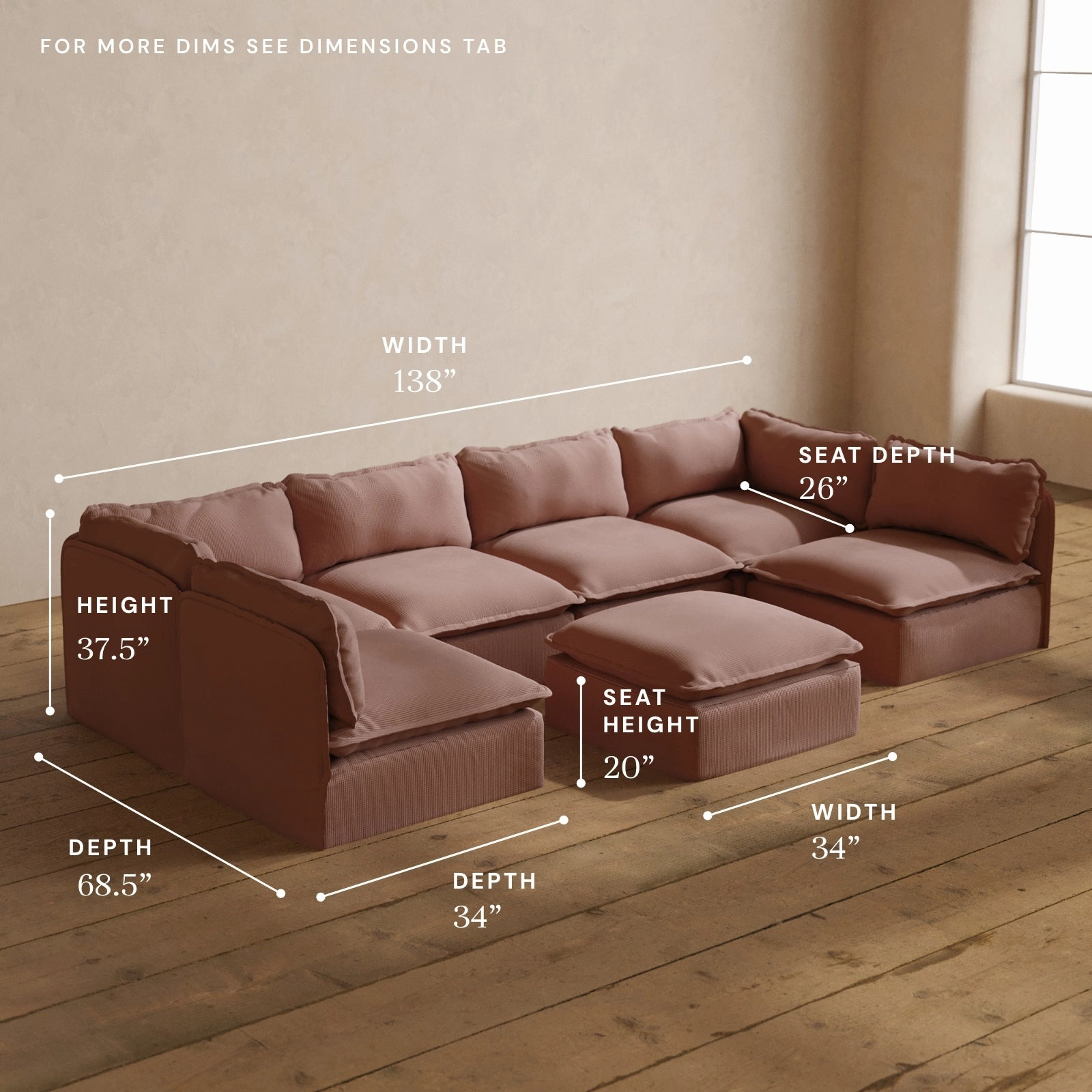 Modular Washable 6-Seater Open-Ends U-Sectional   Ottoman in Sakura | Memorix  Seat | Contour Pillow