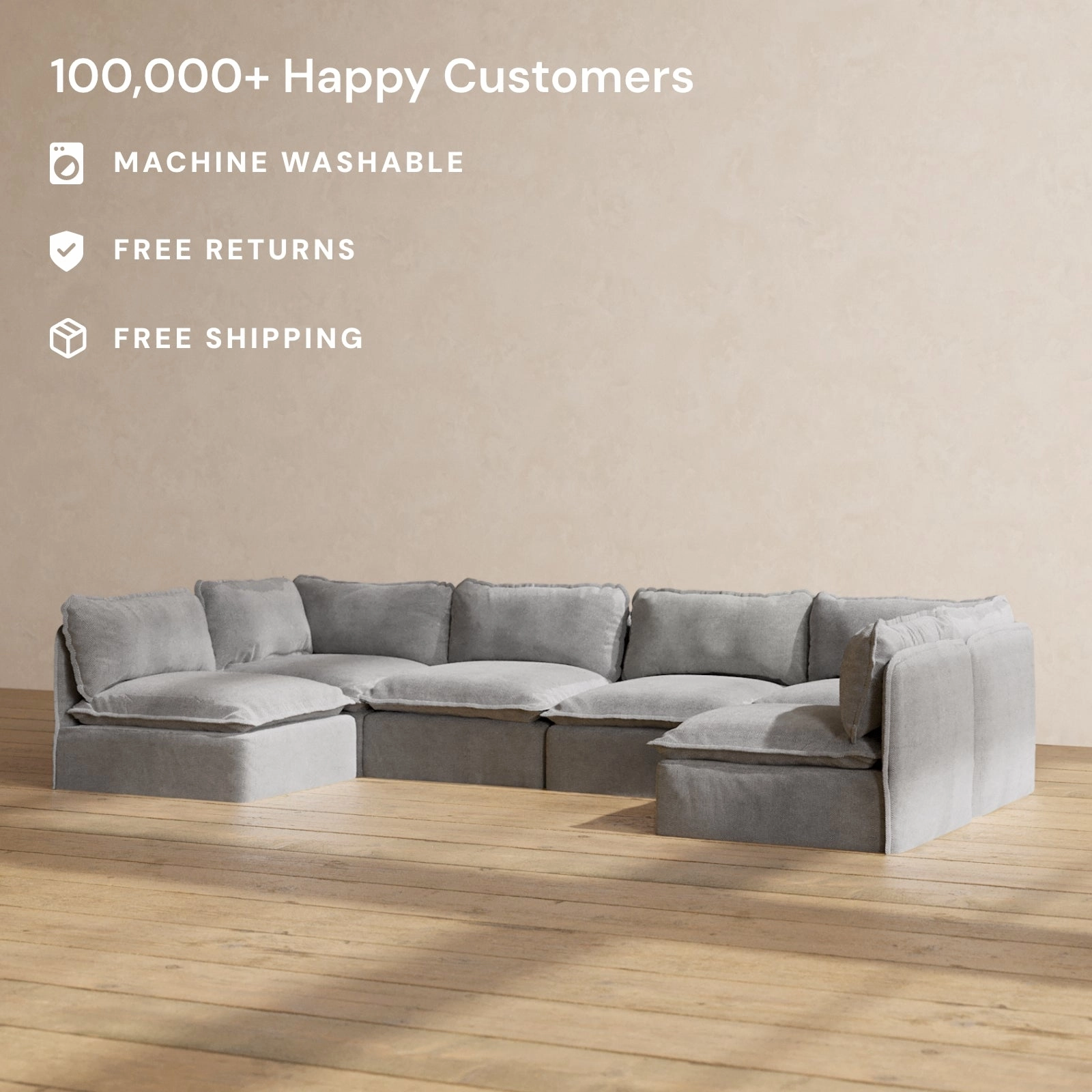 Modular Washable 6-Seater Open-Ends U-Sectional in Ash | Deluxe  Seat | Cloud Pillow