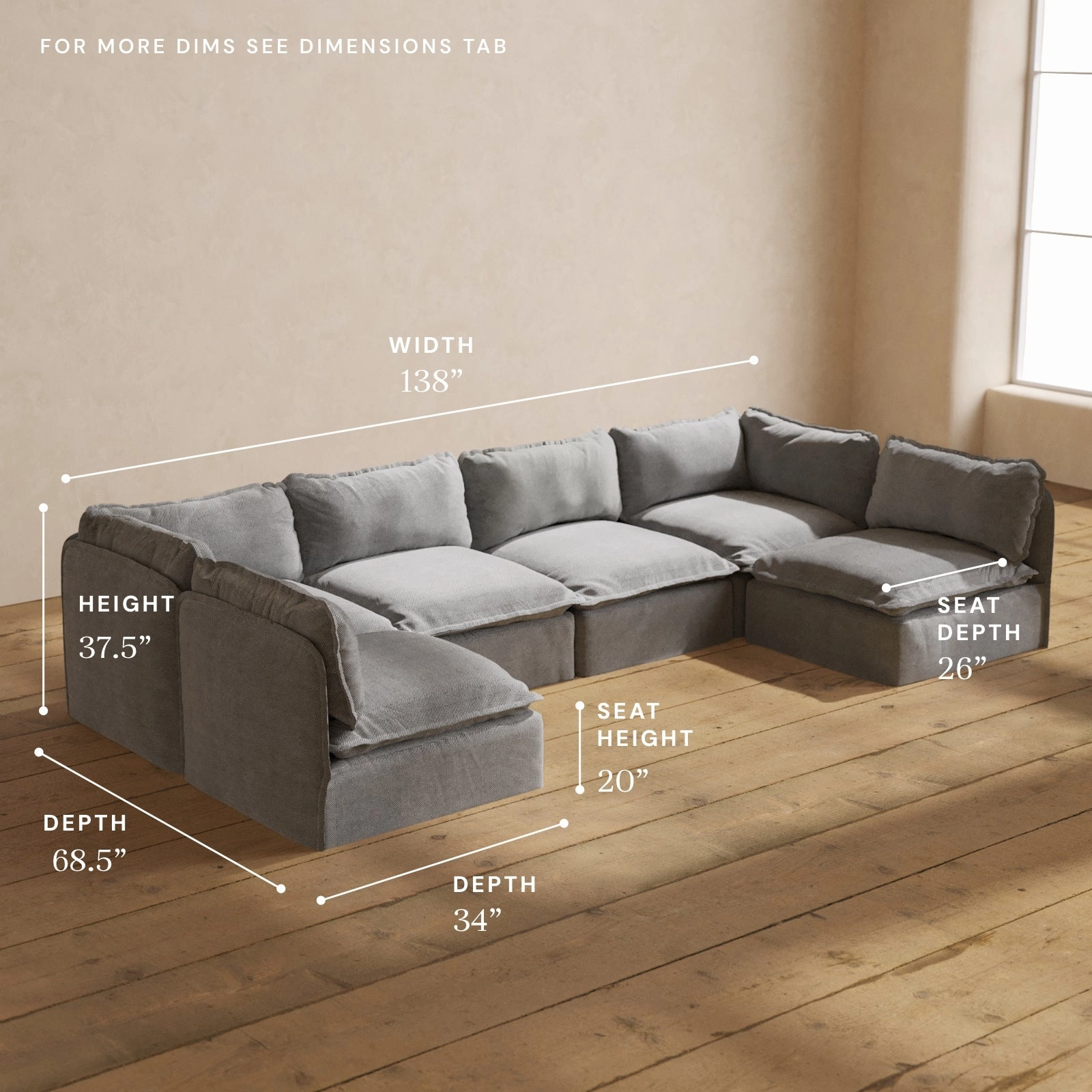 Modular Washable 6-Seater Open-Ends U-Sectional in Ash | Memorix  Seat | Contour Pillow