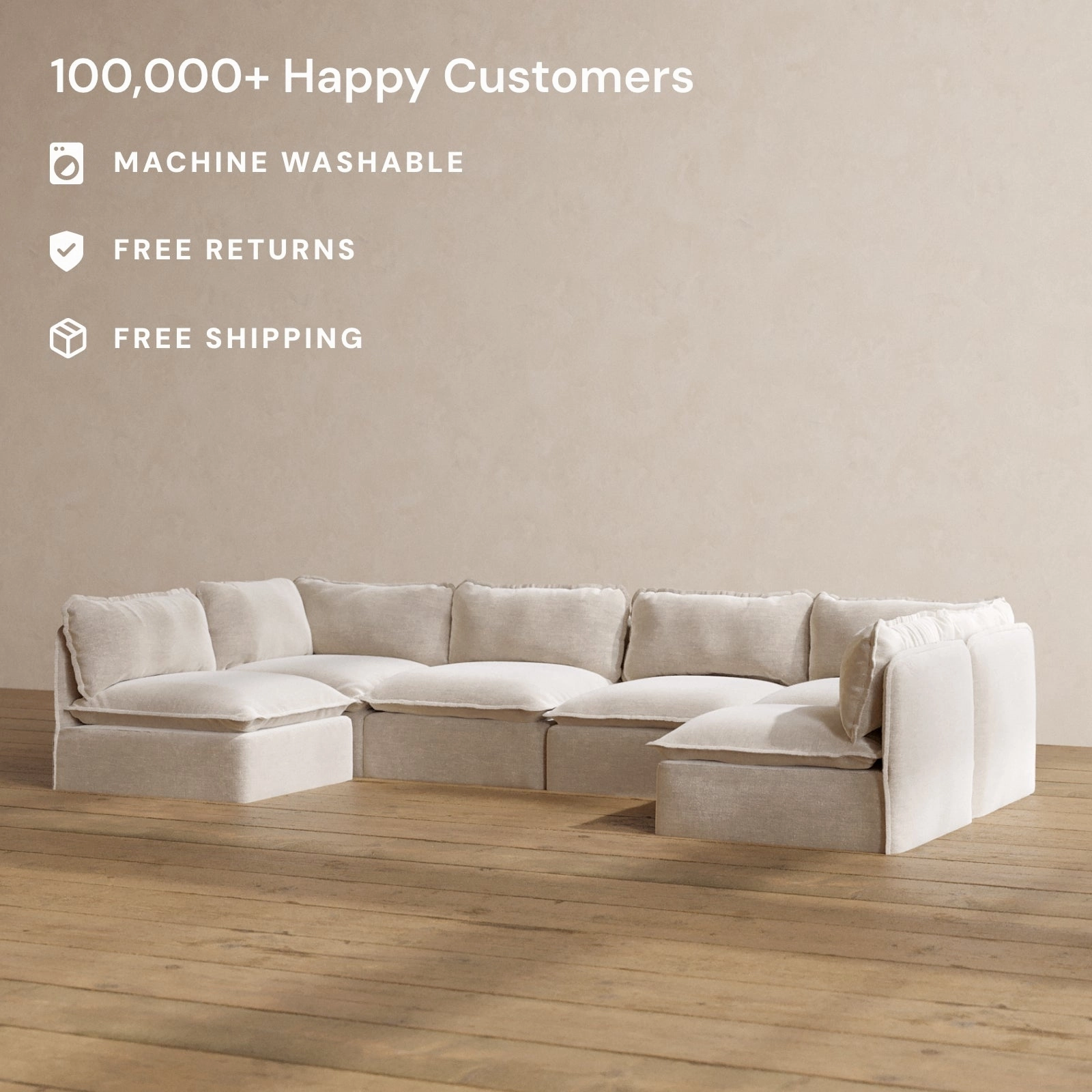 Modular Washable 6-Seater Open-Ends U-Sectional in Mist | Deluxe  Seat | Cloud Pillow