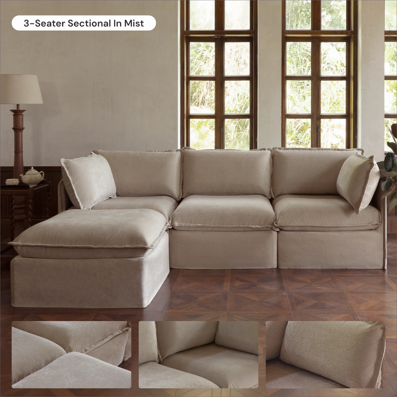 Modular Washable 6-Seater Open-Ends U-Sectional in Mist | Deluxe  Seat | Cloud Pillow