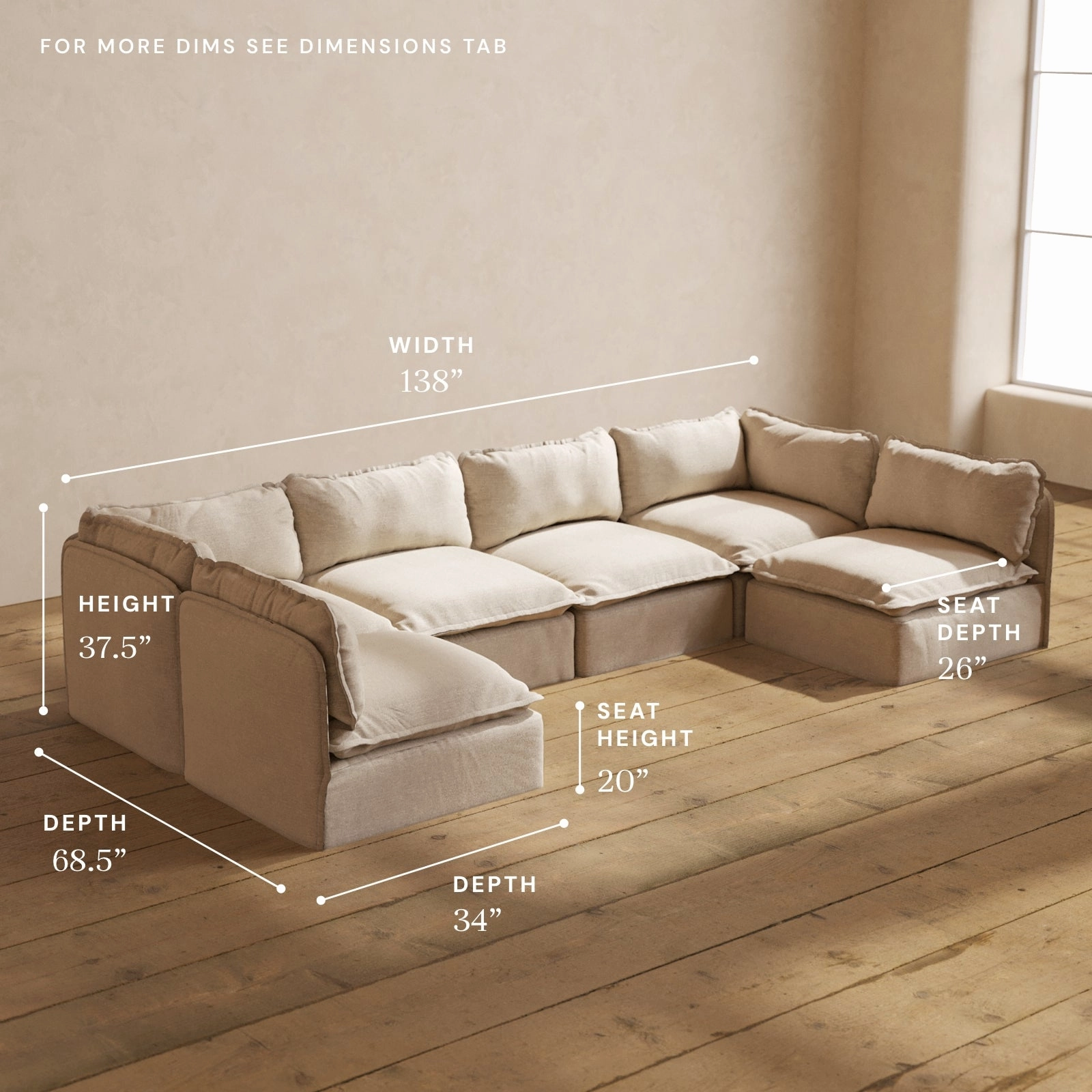 Modular Washable 6-Seater Open-Ends U-Sectional in Oat | Memorix  Seat | Contour Pillow