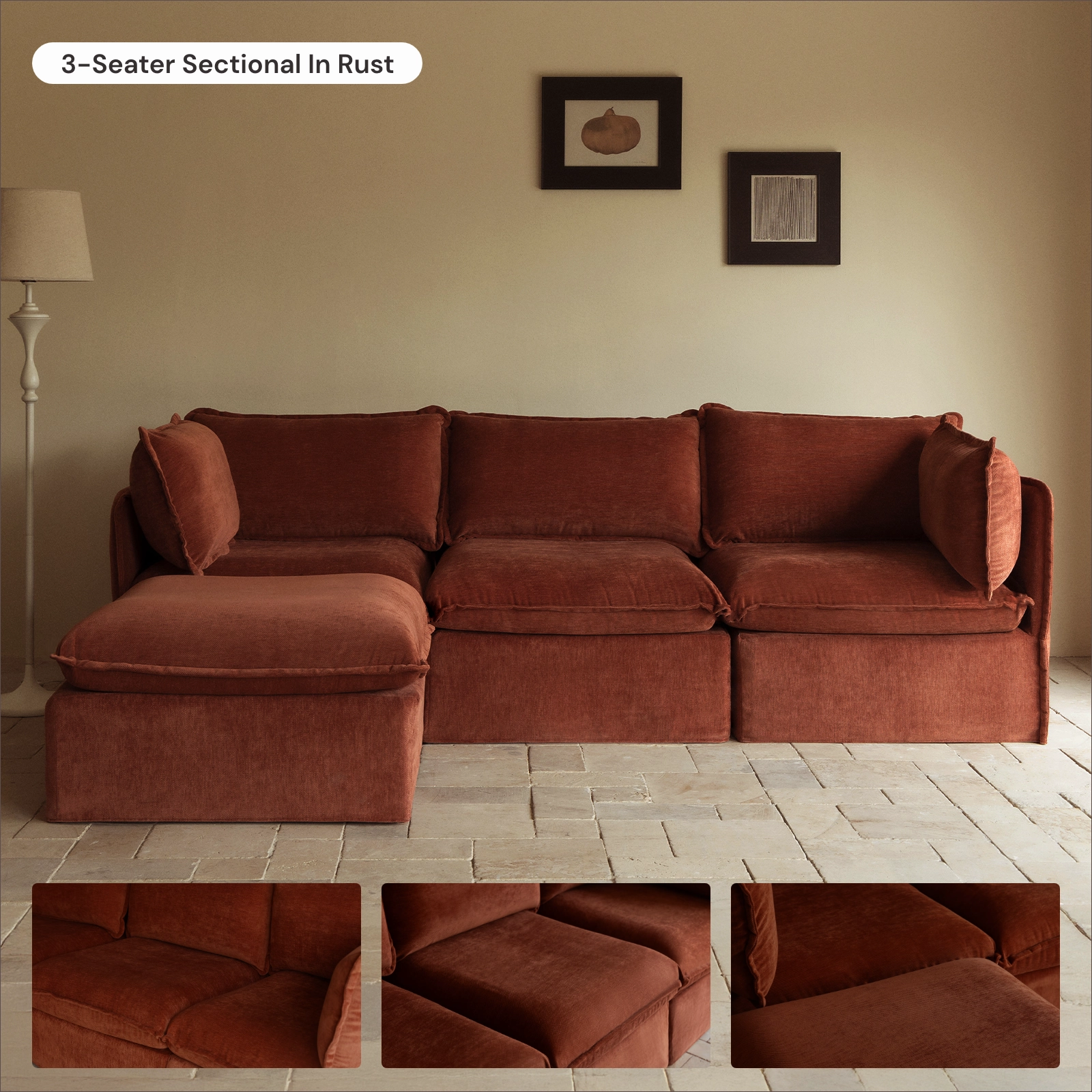 Modular Washable 6-Seater Open-Ends U-Sectional in Rust | Deluxe  Seat | Cloud Pillow