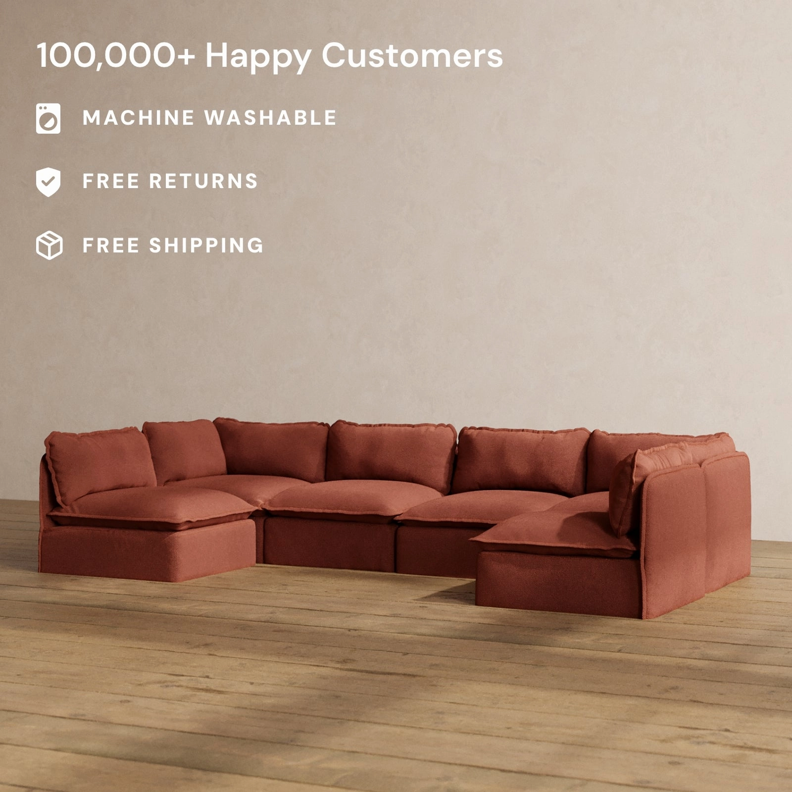 Modular Washable 6-Seater Open-Ends U-Sectional in Rust | Deluxe  Seat | Cloud Pillow