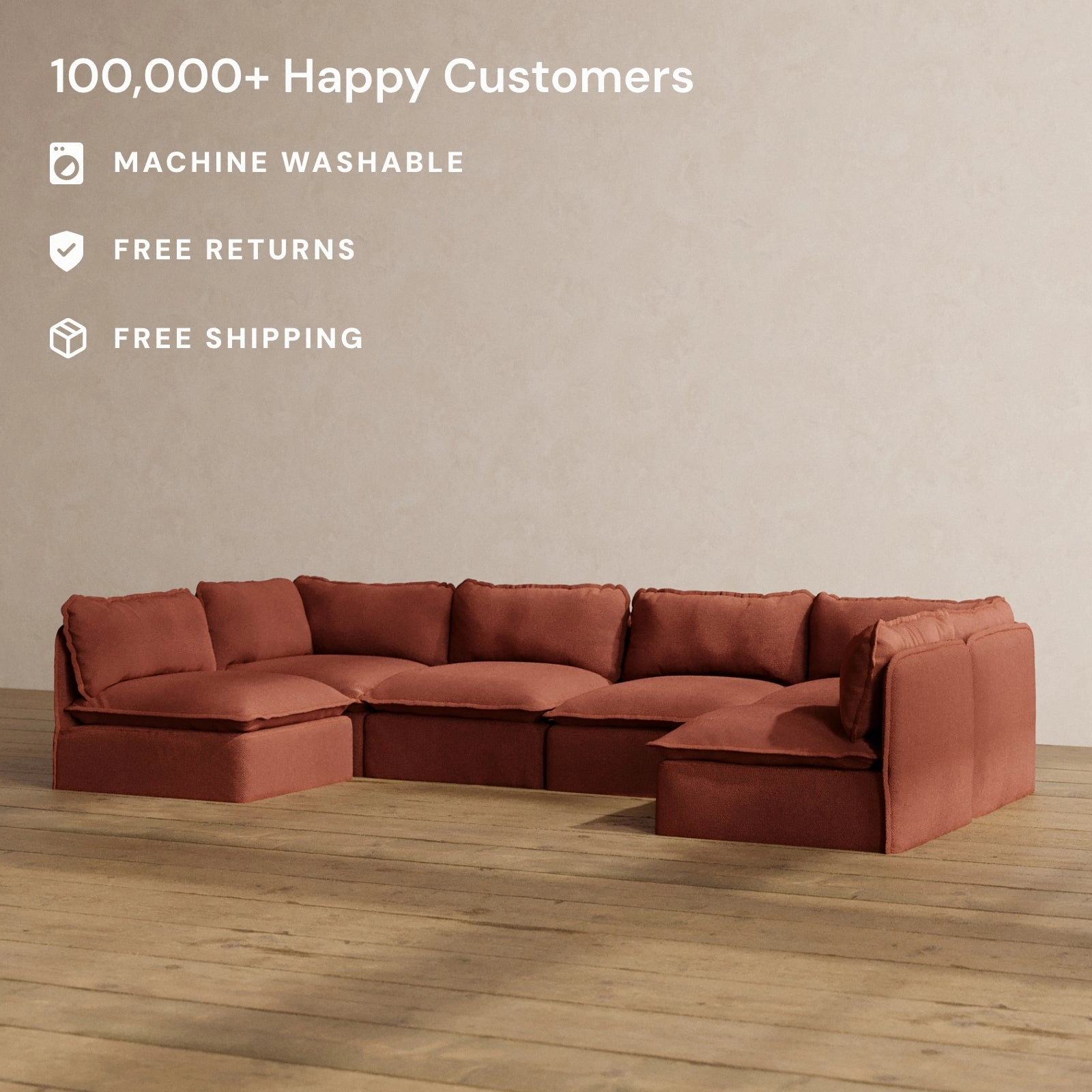 Modular Washable 6-Seater Open-Ends U-Sectional in Rust | Memorix  Seat | Contour Pillow