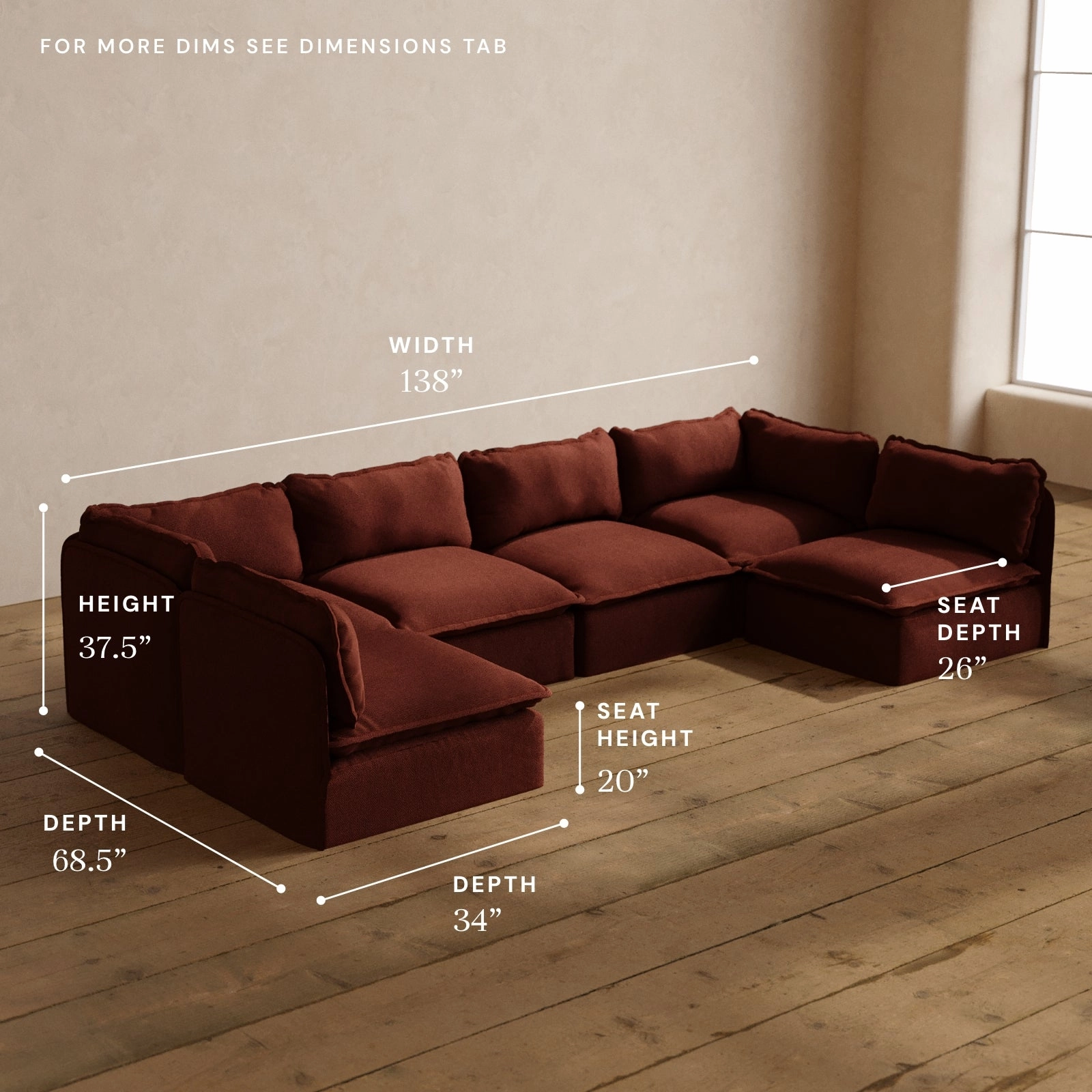 Modular Washable 6-Seater Open-Ends U-Sectional in Rust | Memorix  Seat | Contour Pillow