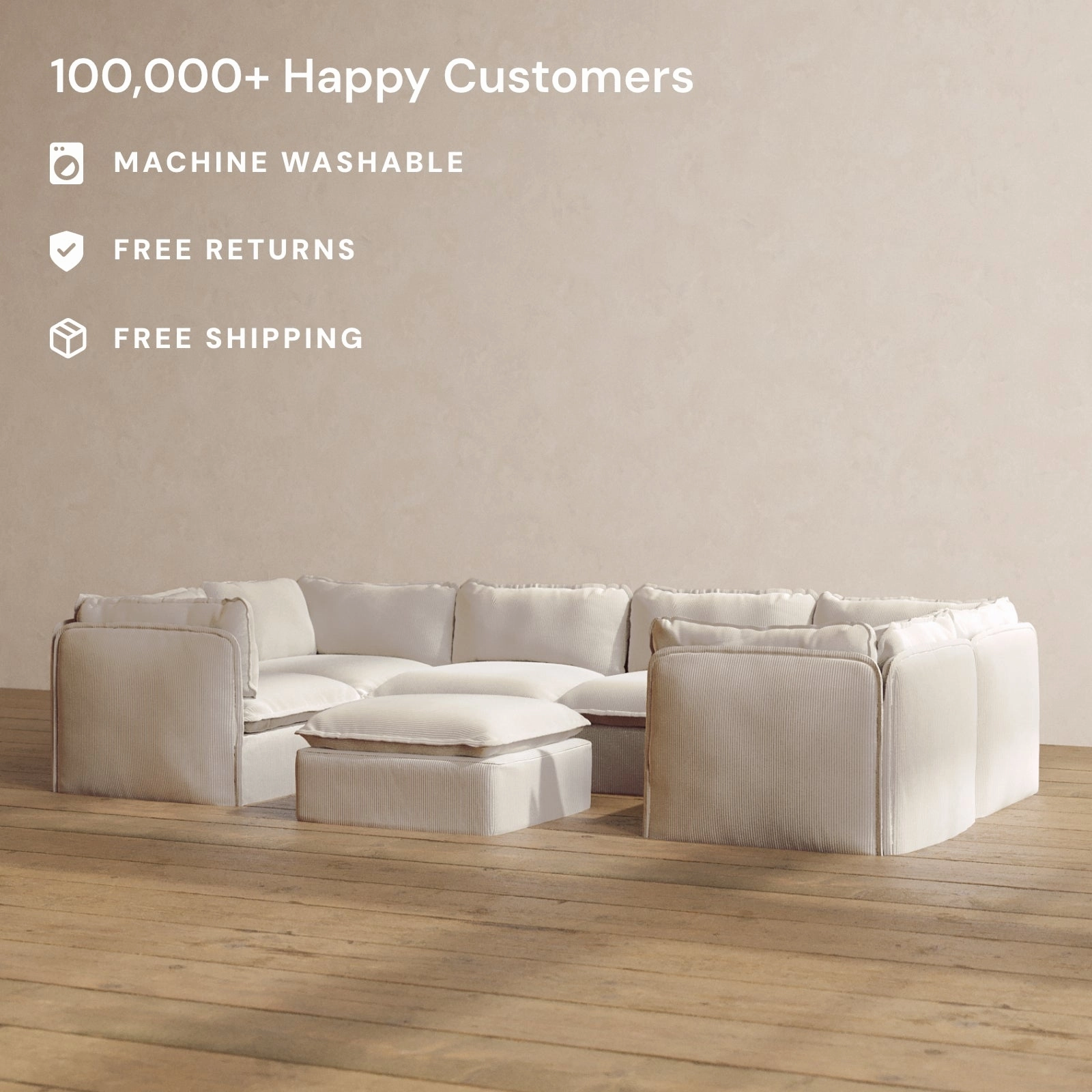 Modular Washable 6-Seater U-Sectional   Ottoman in Milk | Deluxe  Seat | Cloud Pillow