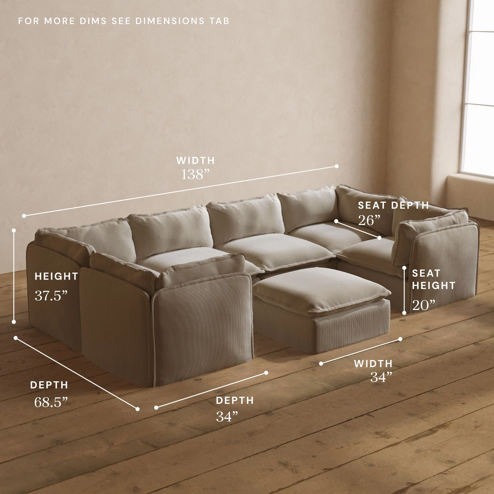 Modular Washable 6-Seater U-Sectional   Ottoman in Milk | Deluxe  Seat | Cloud Pillow