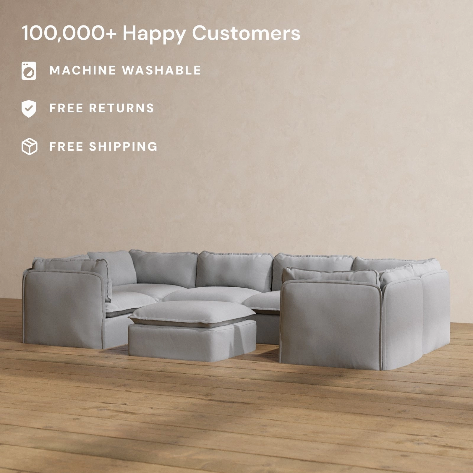 Modular Washable 6-Seater U-Sectional   Ottoman in Pumice | Memorix  Seat | Contour Pillow