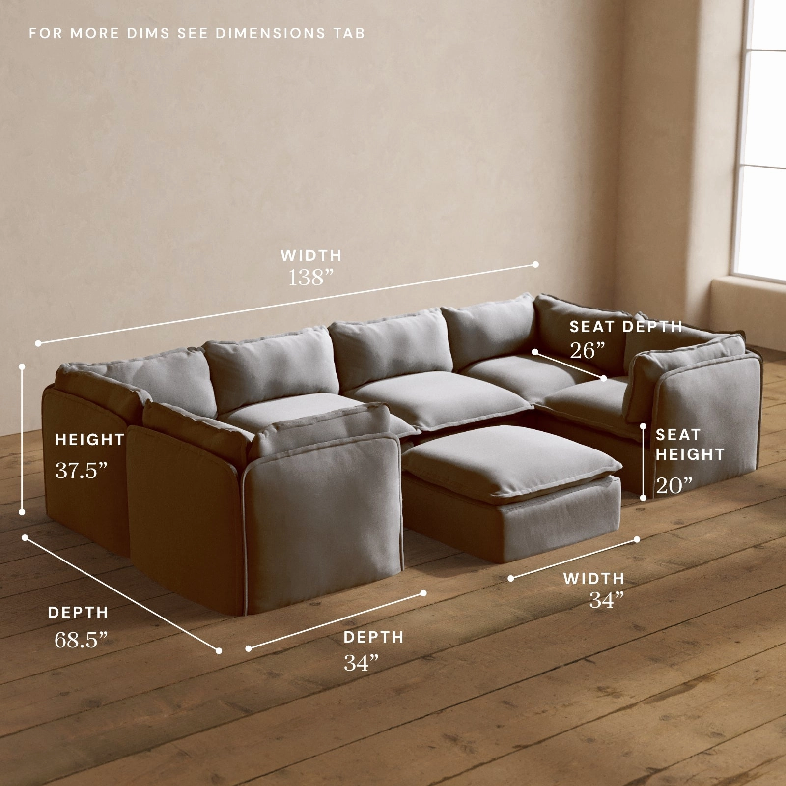 Modular Washable 6-Seater U-Sectional   Ottoman in Pumice | Memorix  Seat | Contour Pillow
