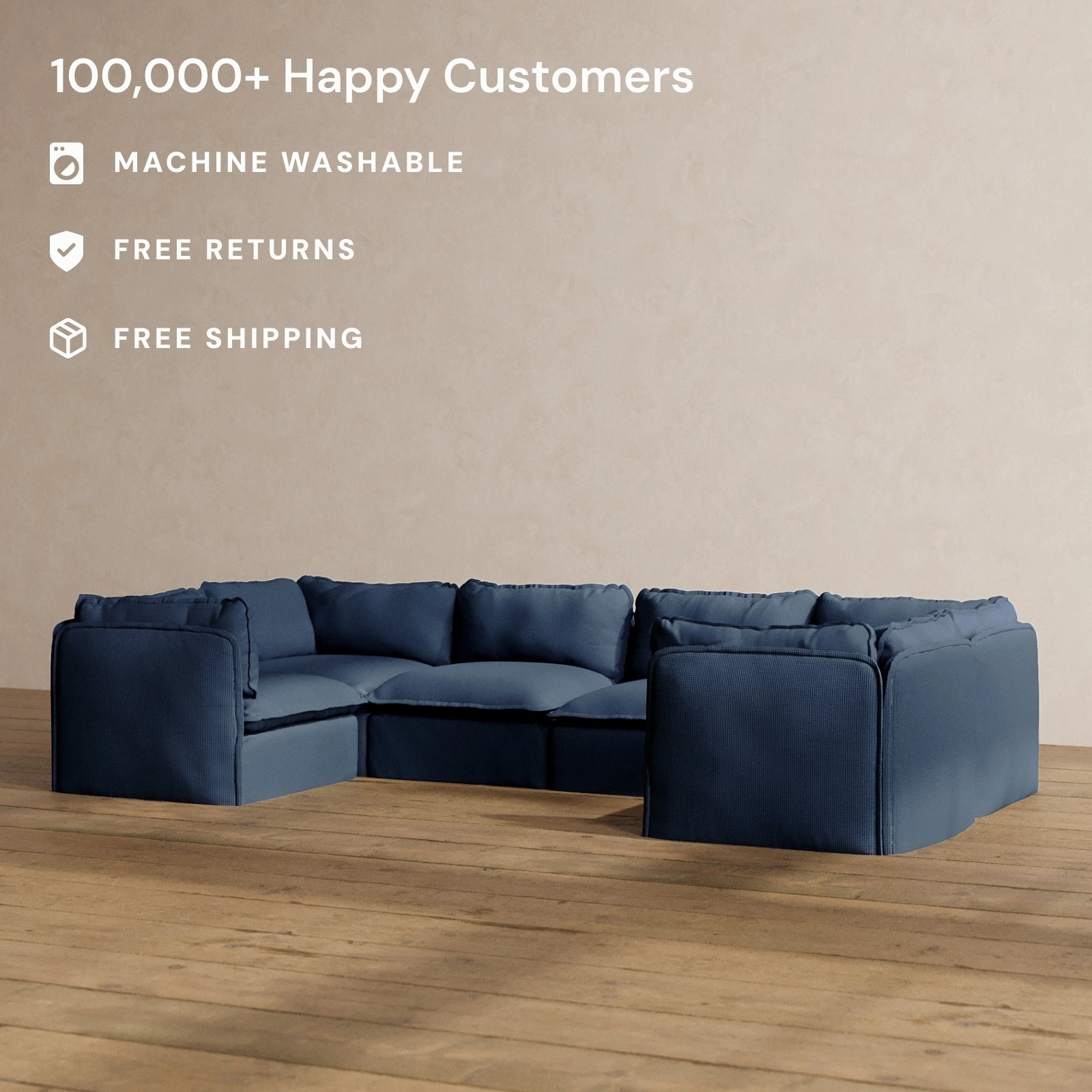 Modular Washable 6-Seater U-Sectional in Sumi | Deluxe  Seat | Cloud Pillow