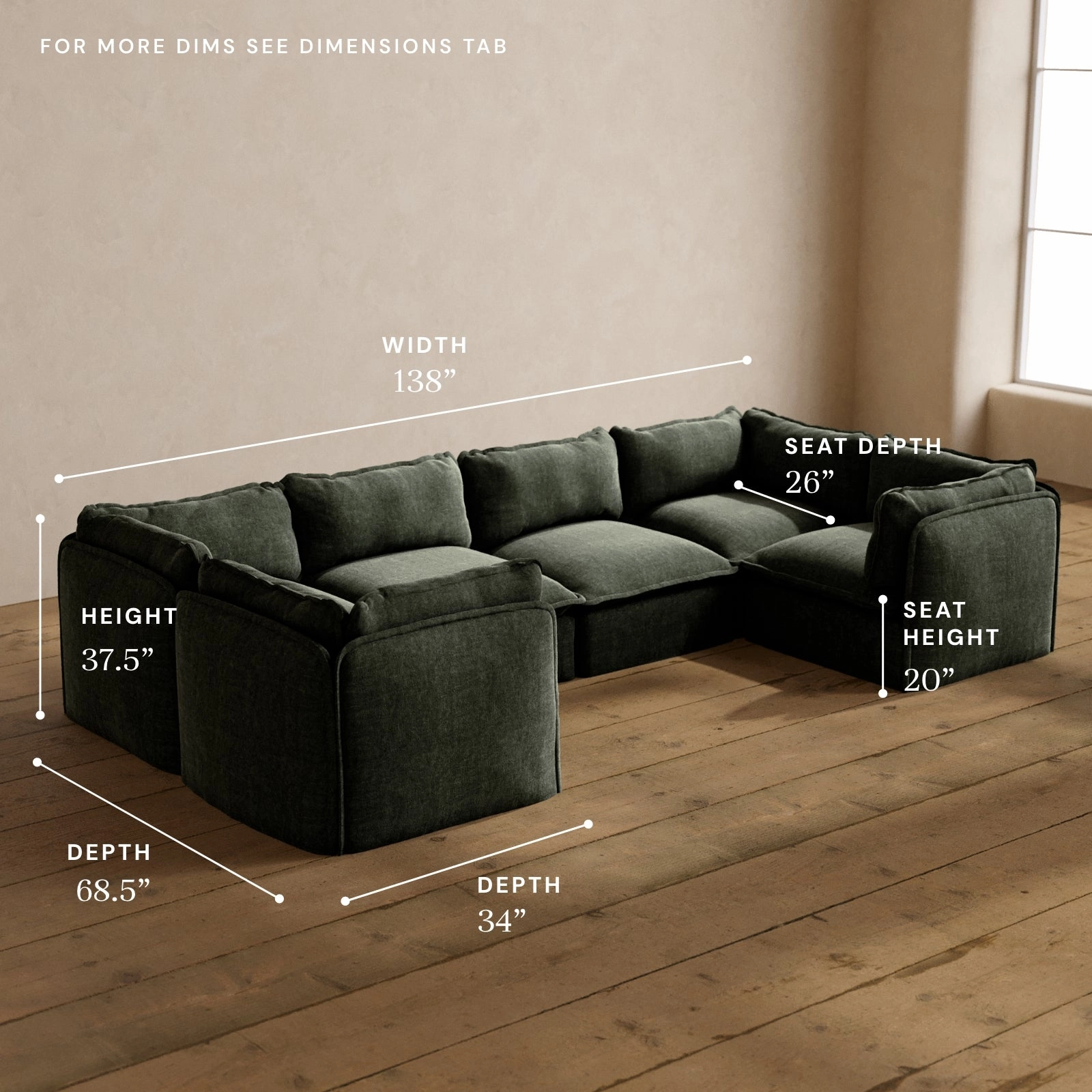 Modular Washable 6-Seater U-Sectional in Willow | Deluxe  Seat | Cloud Pillow