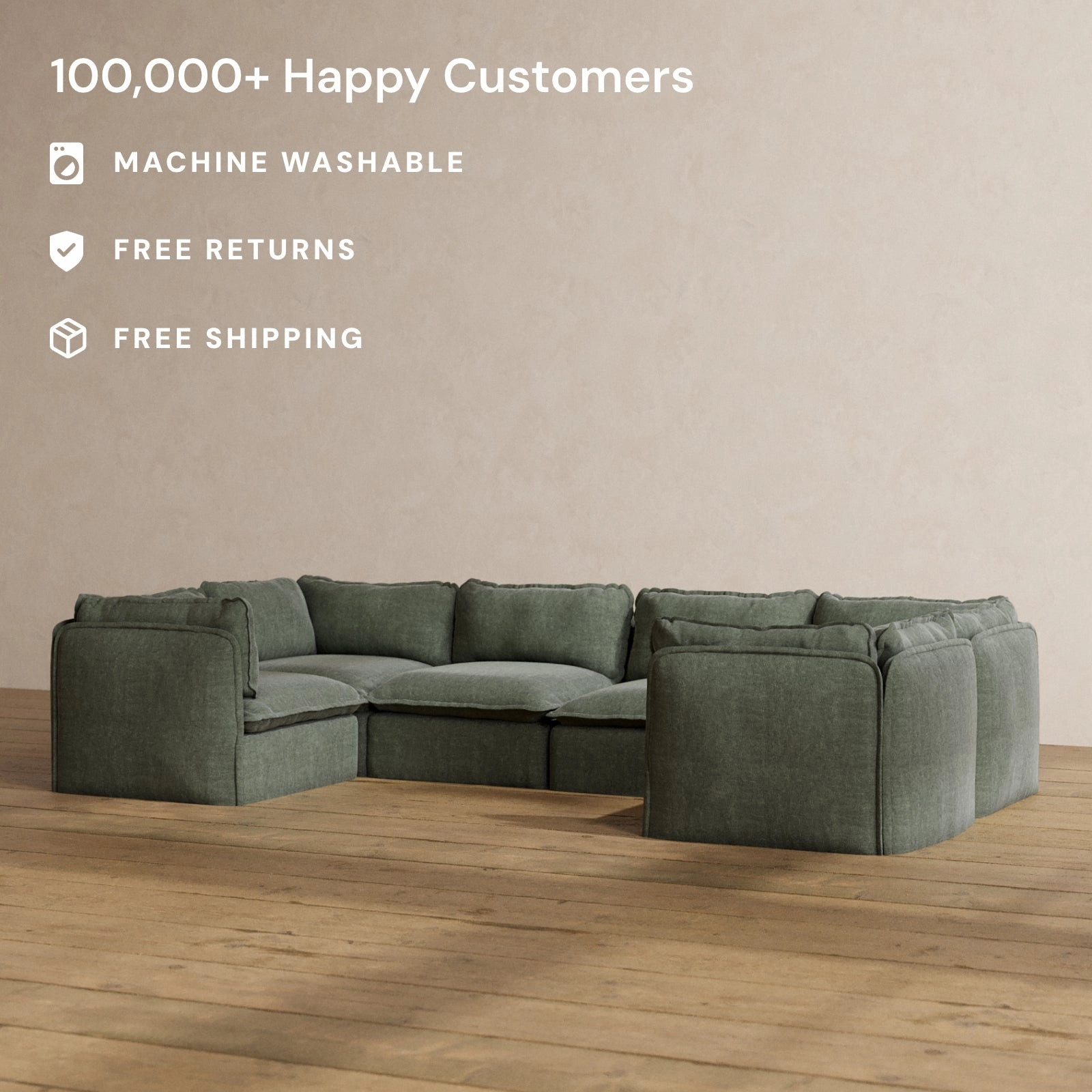 Modular Washable 6-Seater U-Sectional in Willow | Deluxe  Seat | Cloud Pillow