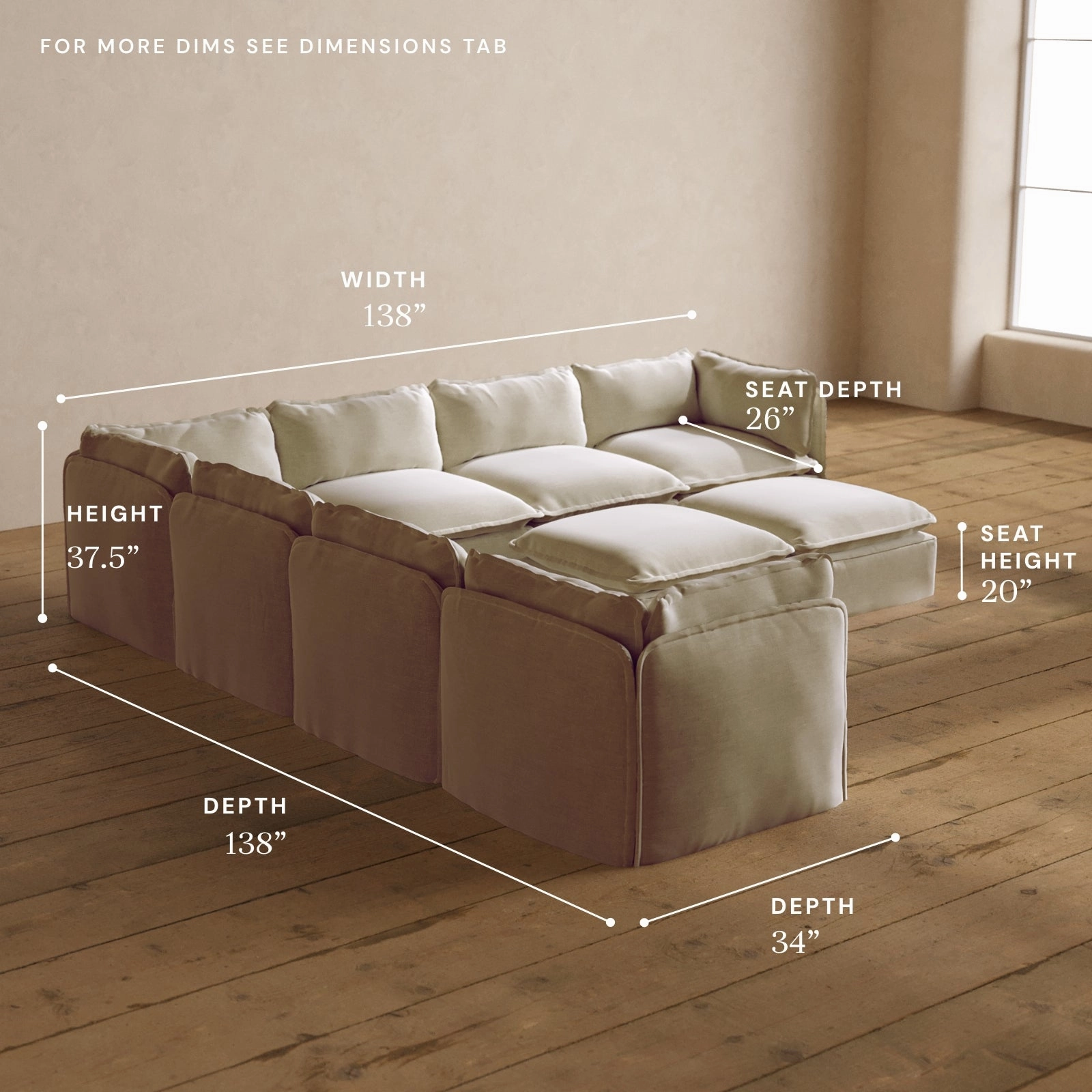 Modular Washable 7-Seater Corner Sectional   Bench Ottoman in Coco | Deluxe  Seat | Cloud Pillow