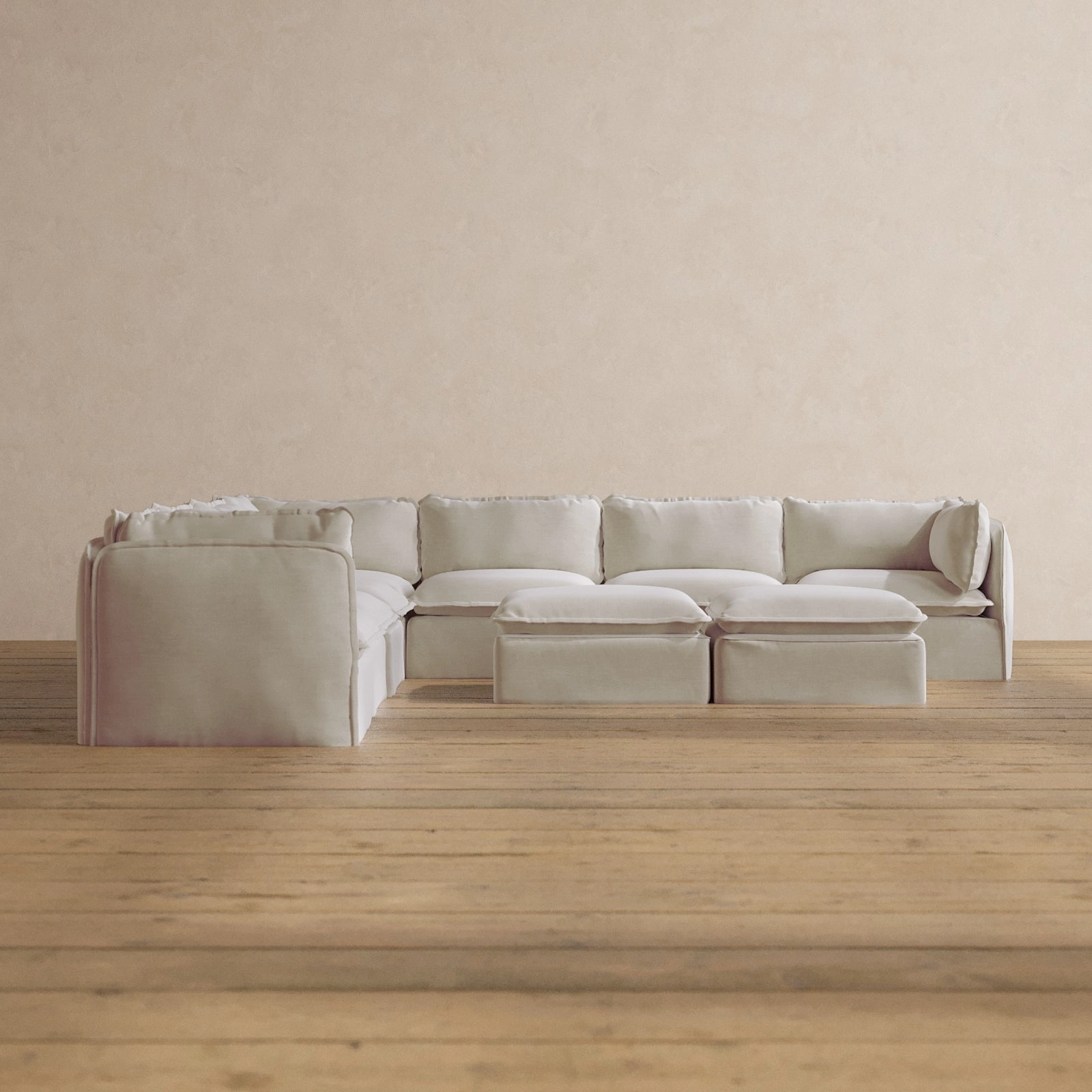 Modular Washable 7-Seater Corner Sectional   Bench Ottoman in Coco | Deluxe  Seat | Cloud Pillow