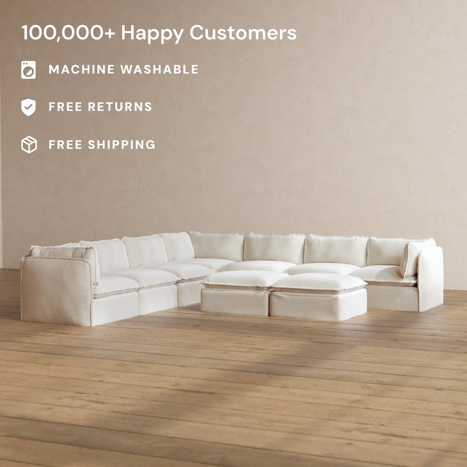 Modular Washable 7-Seater Corner Sectional   Bench Ottoman in Coco | Deluxe  Seat | Cloud Pillow
