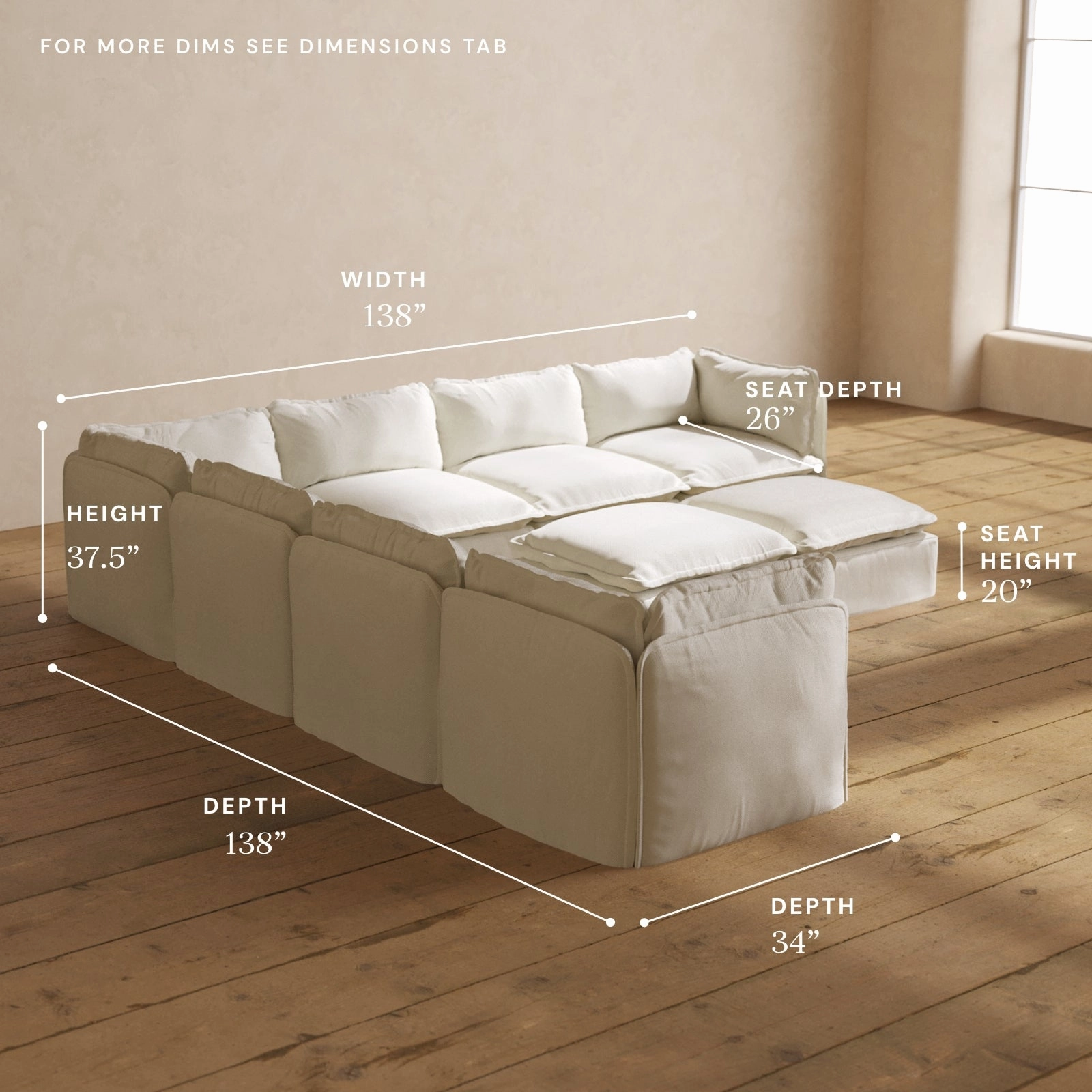 Modular Washable 7-Seater Corner Sectional   Bench Ottoman in Eggshell | Deluxe  Seat | Cloud Pillow