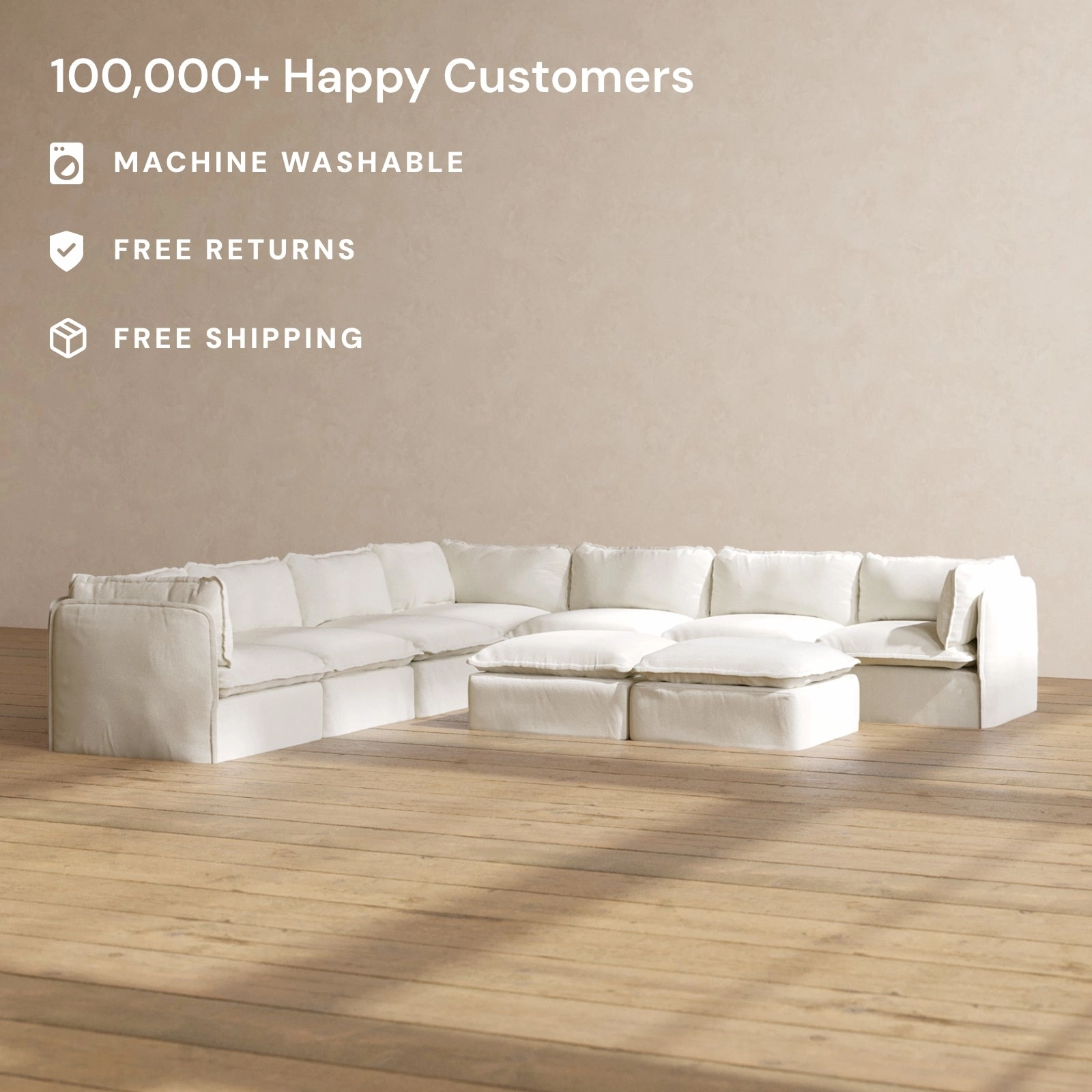 Modular Washable 7-Seater Corner Sectional   Bench Ottoman in Eggshell | Deluxe  Seat | Cloud Pillow