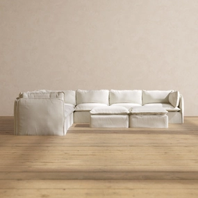 Modular Washable 7-Seater Corner Sectional   Bench Ottoman in Eggshell | Deluxe  Seat | Cloud Pillow