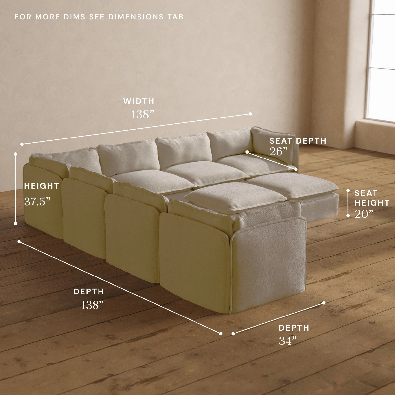 Modular Washable 7-Seater Corner Sectional   Bench Ottoman in Powder | Deluxe  Seat | Cloud Pillow
