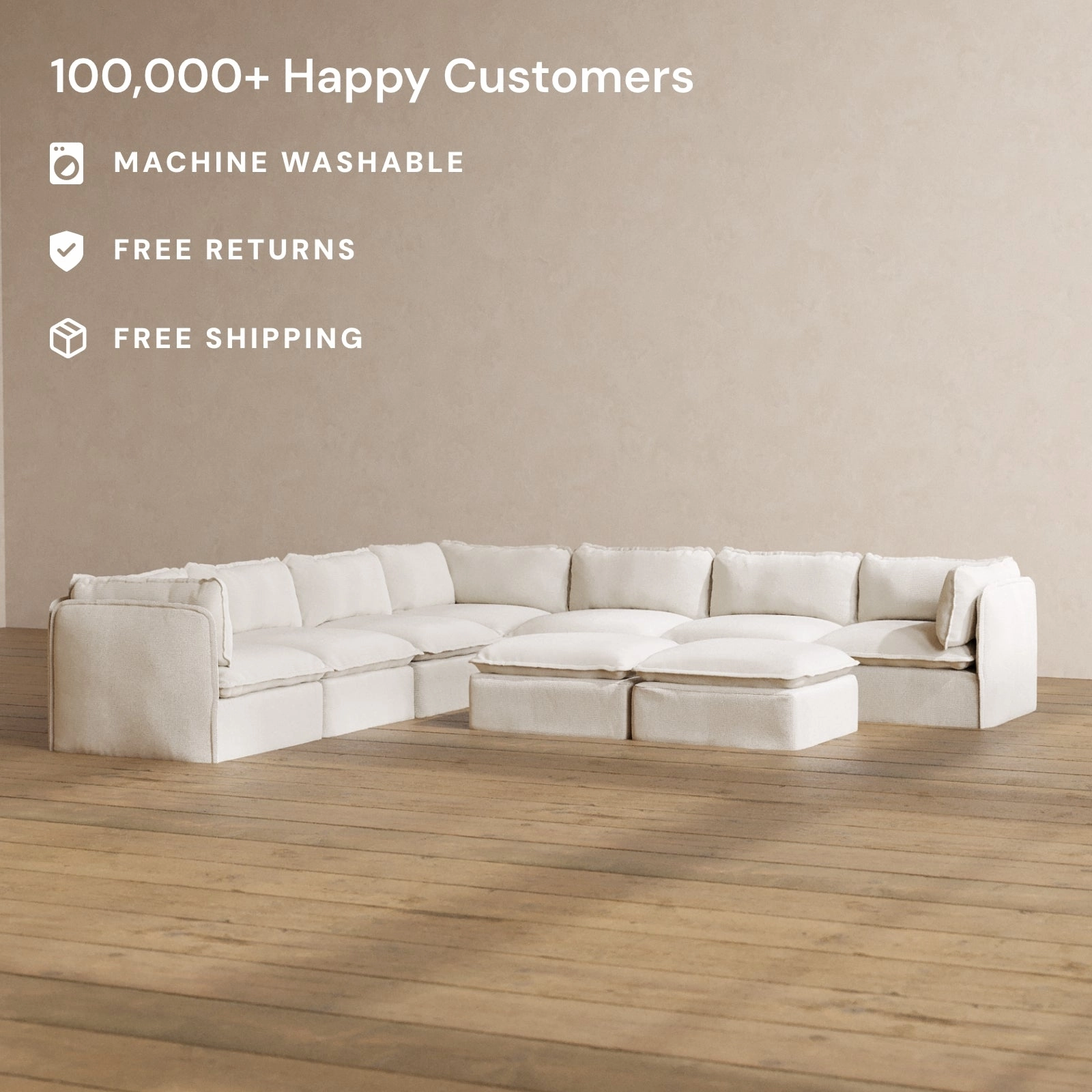 Modular Washable 7-Seater Corner Sectional   Bench Ottoman in Powder | Deluxe  Seat | Cloud Pillow