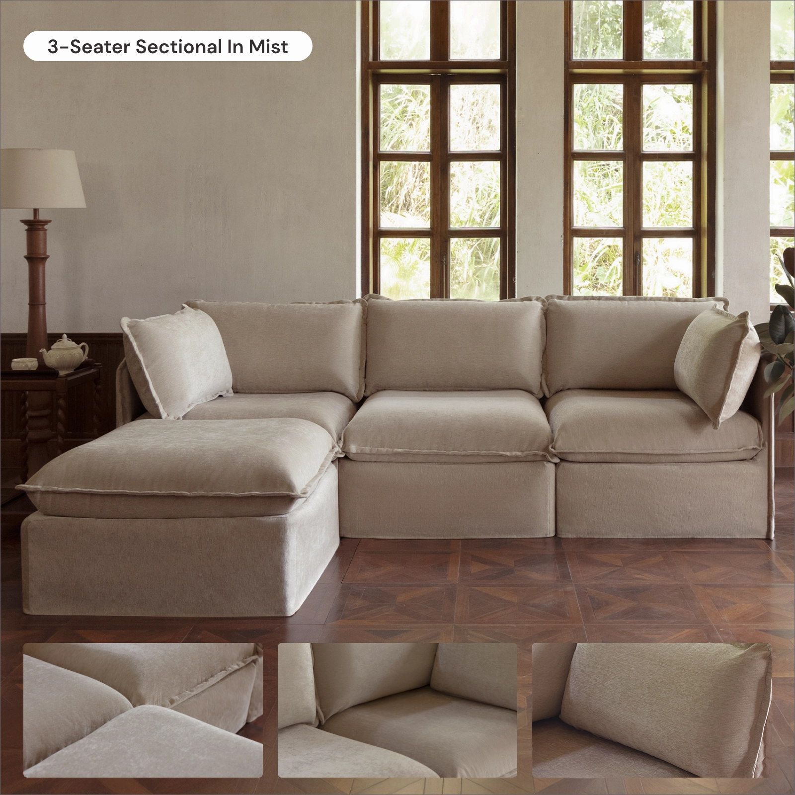 Modular Washable 7-Seater Corner Sectional in Mist | Memorix  Seat | Contour Pillow
