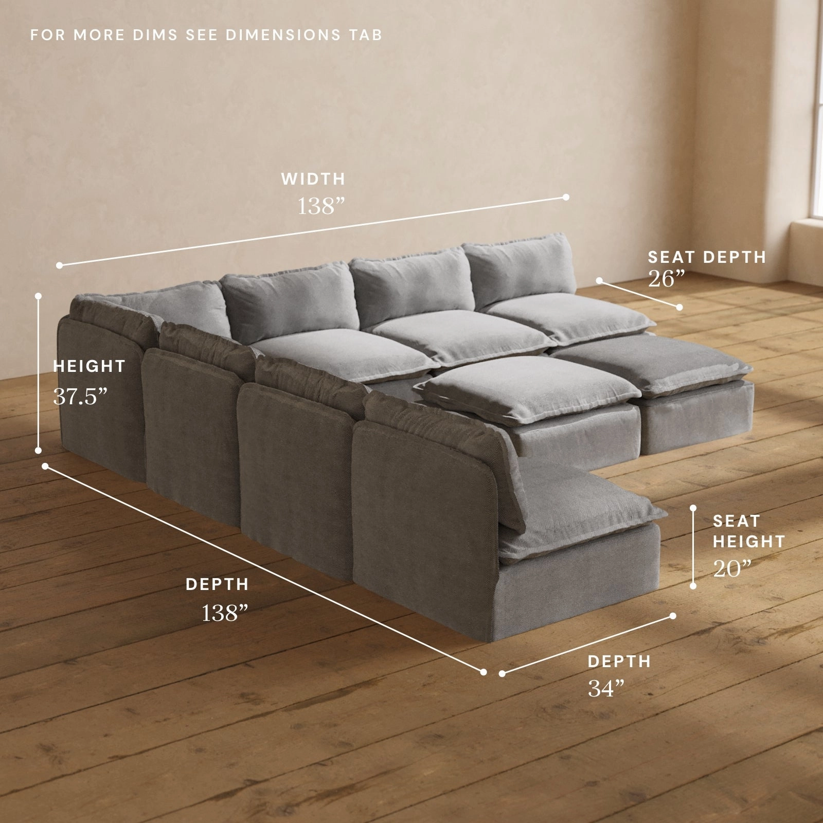 Modular Washable 7-Seater Open-Ends Corner Sectional   Bench Ottoman in Ash | Memorix  Seat | Contour Pillow