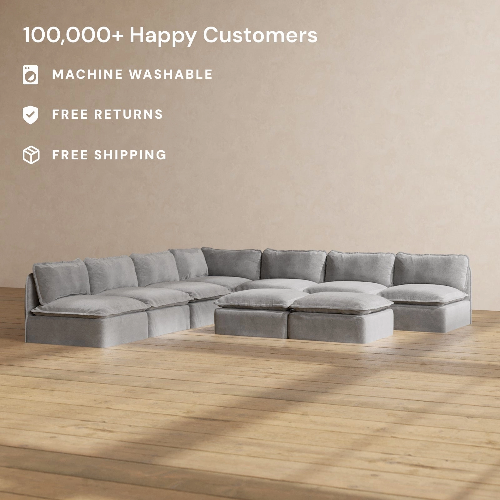 Modular Washable 7-Seater Open-Ends Corner Sectional   Bench Ottoman in Ash | Memorix  Seat | Contour Pillow