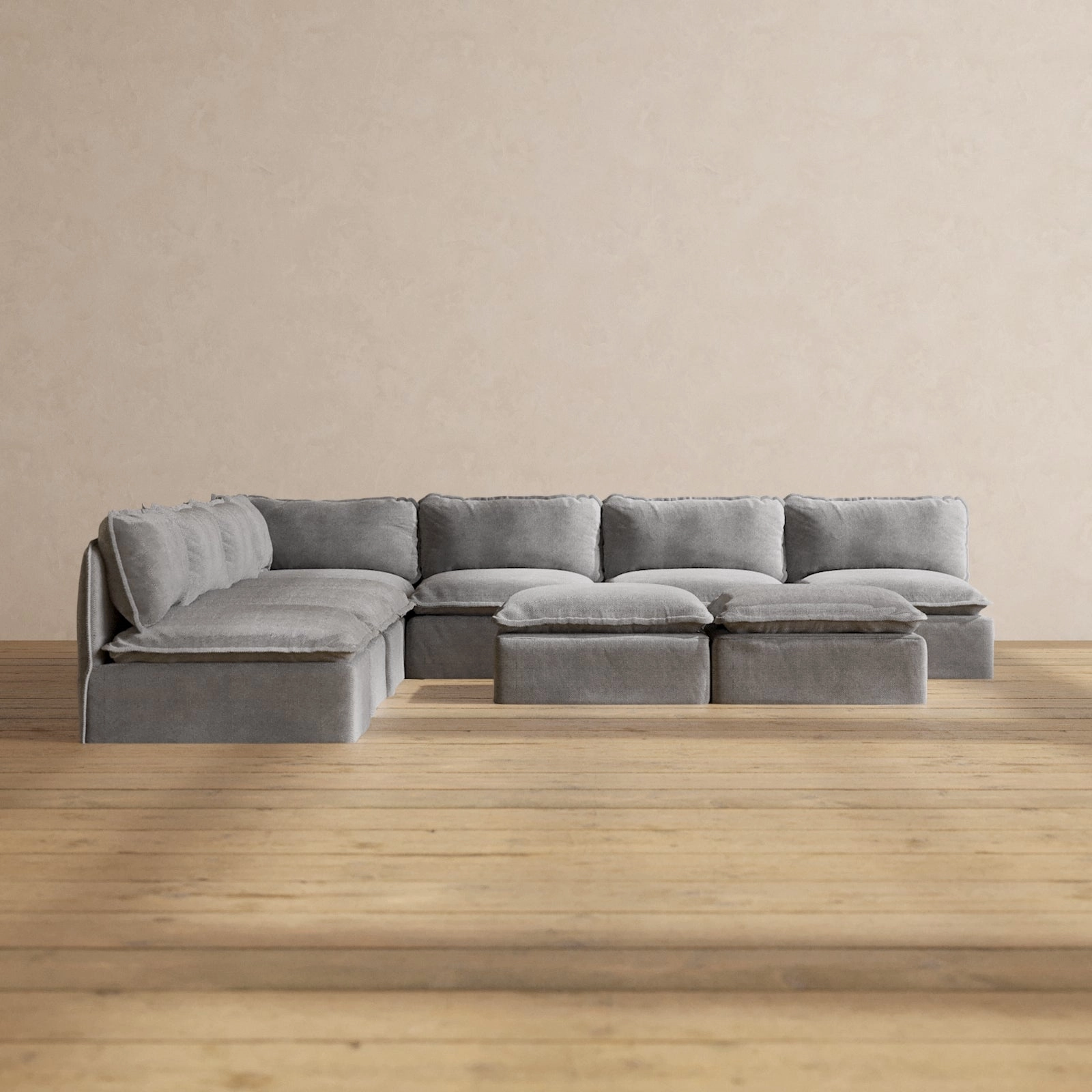 Modular Washable 7-Seater Open-Ends Corner Sectional   Bench Ottoman in Ash | Memorix  Seat | Contour Pillow
