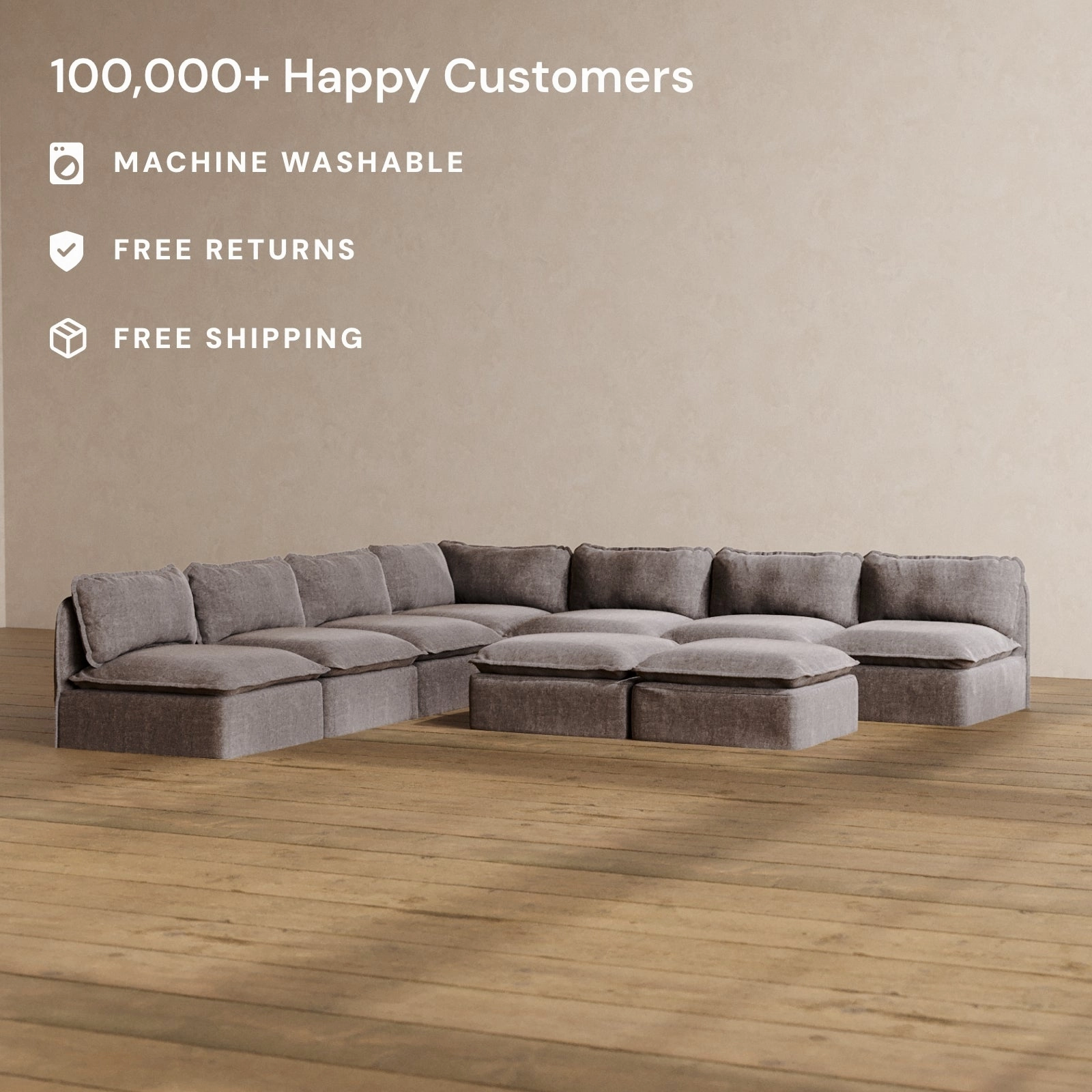 Modular Washable 7-Seater Open-Ends Corner Sectional   Bench Ottoman in Caviar | Memorix  Seat | Contour Pillow