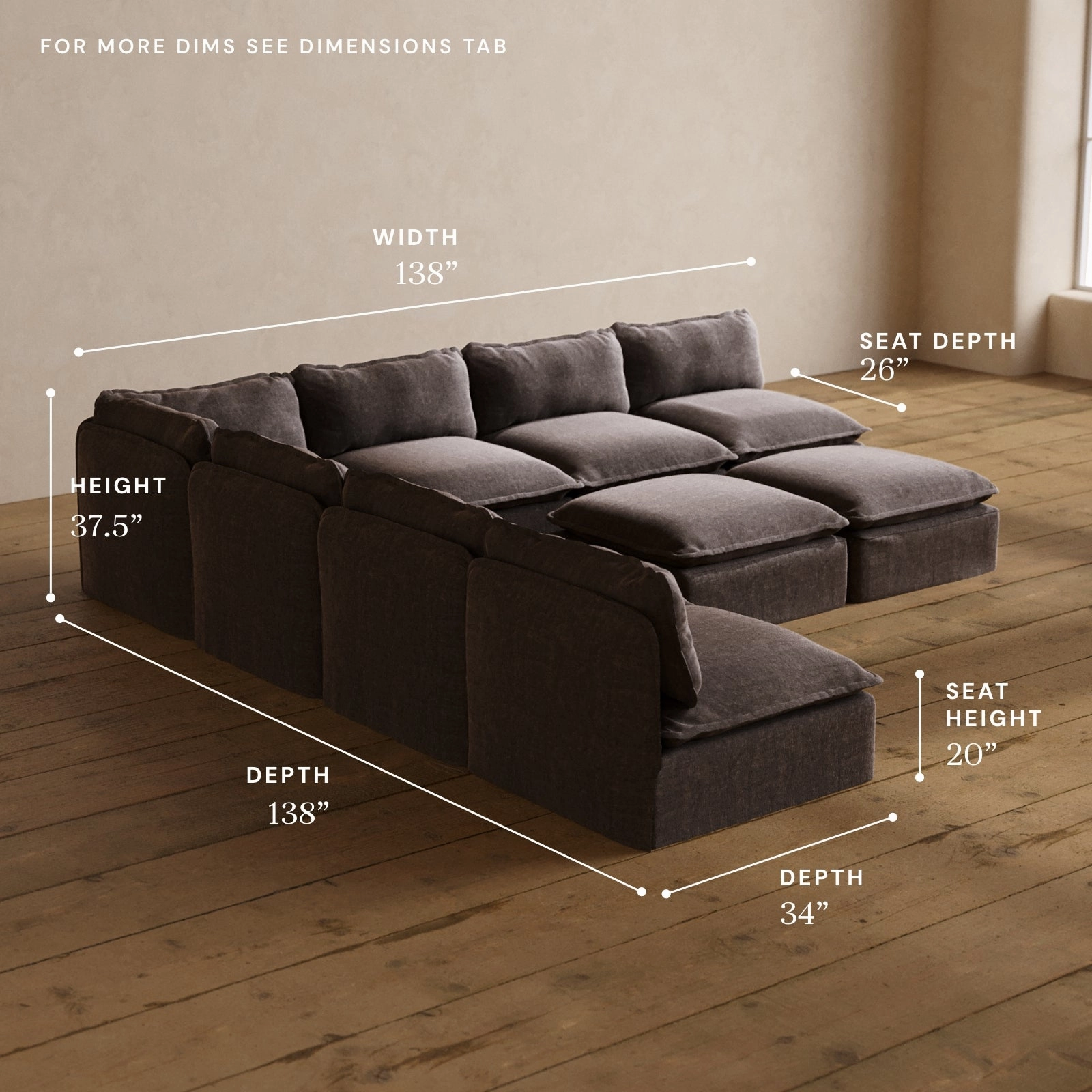 Modular Washable 7-Seater Open-Ends Corner Sectional   Bench Ottoman in Caviar | Memorix  Seat | Contour Pillow