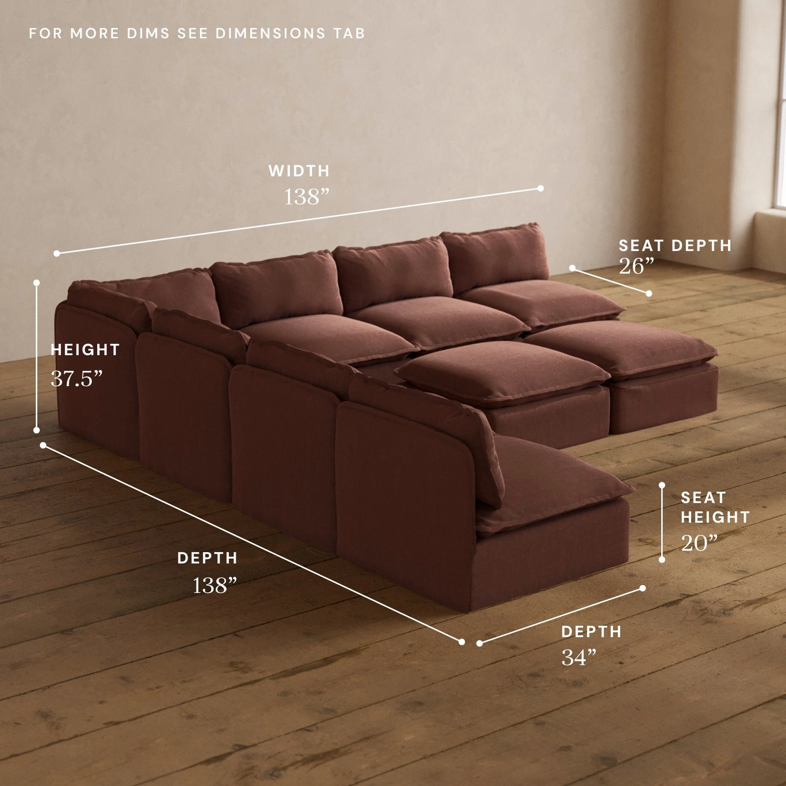 Modular Washable 7-Seater Open-Ends Corner Sectional   Bench Ottoman in Chestnut | Memorix  Seat | Contour Pillow